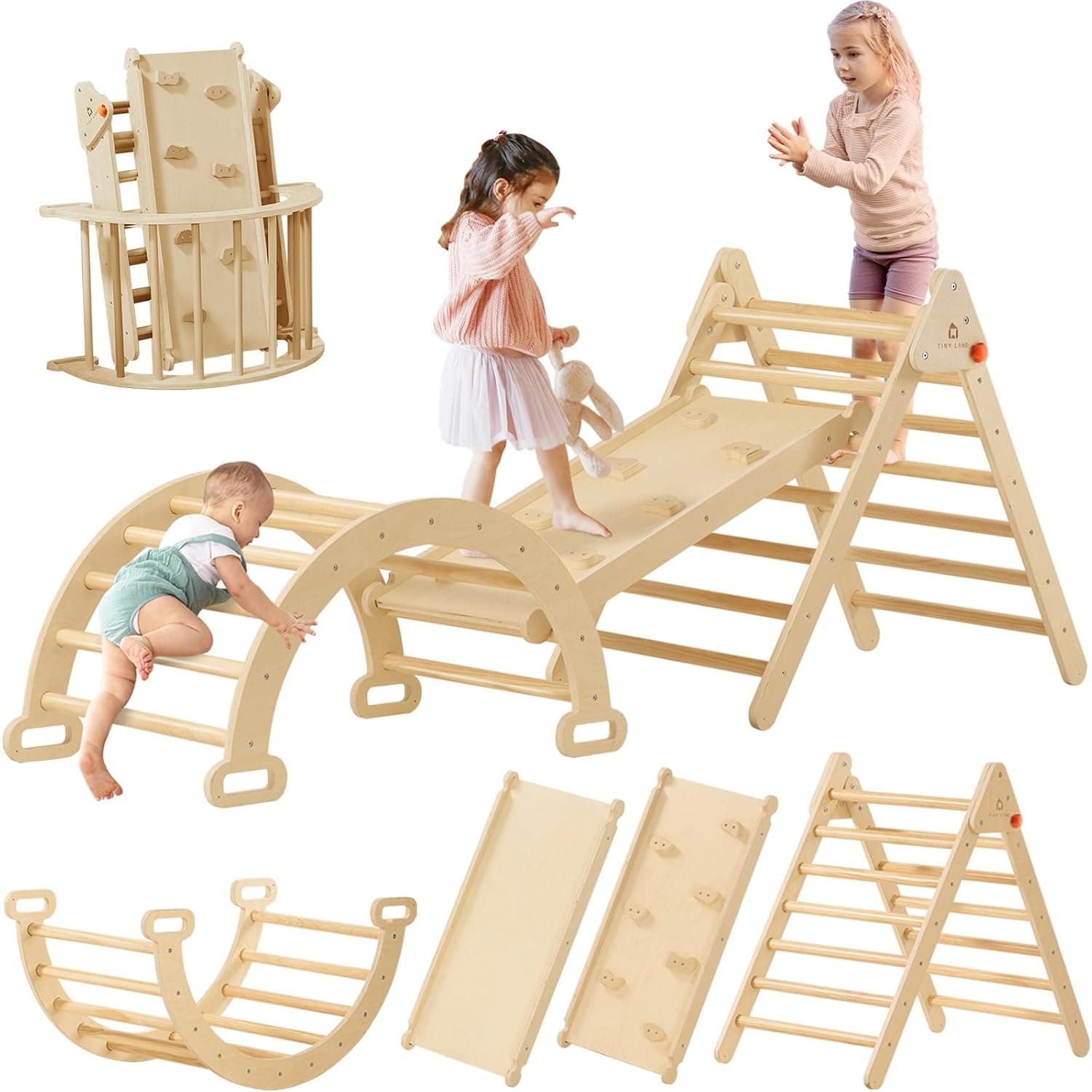 Tiny Land 7-in-1 Foldable Pikler Triangle Climbing Toys Set for Kids, Baby Indoor Playground Jungle Gym, Wooden Montessori Climbing Set for Toddler (Natural) | Baby Indoor Playground Jungle Gym, Wooden Montessori Climbing Set for Toddler,Ideal Gift for Kids (Natural)