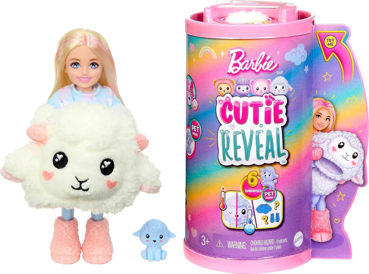 Barbie® Cutie Reveal™ Cozy Cute Tees™ Series Chelsea™ Doll & Accessories, Plush Lamb, Blonde Small Doll