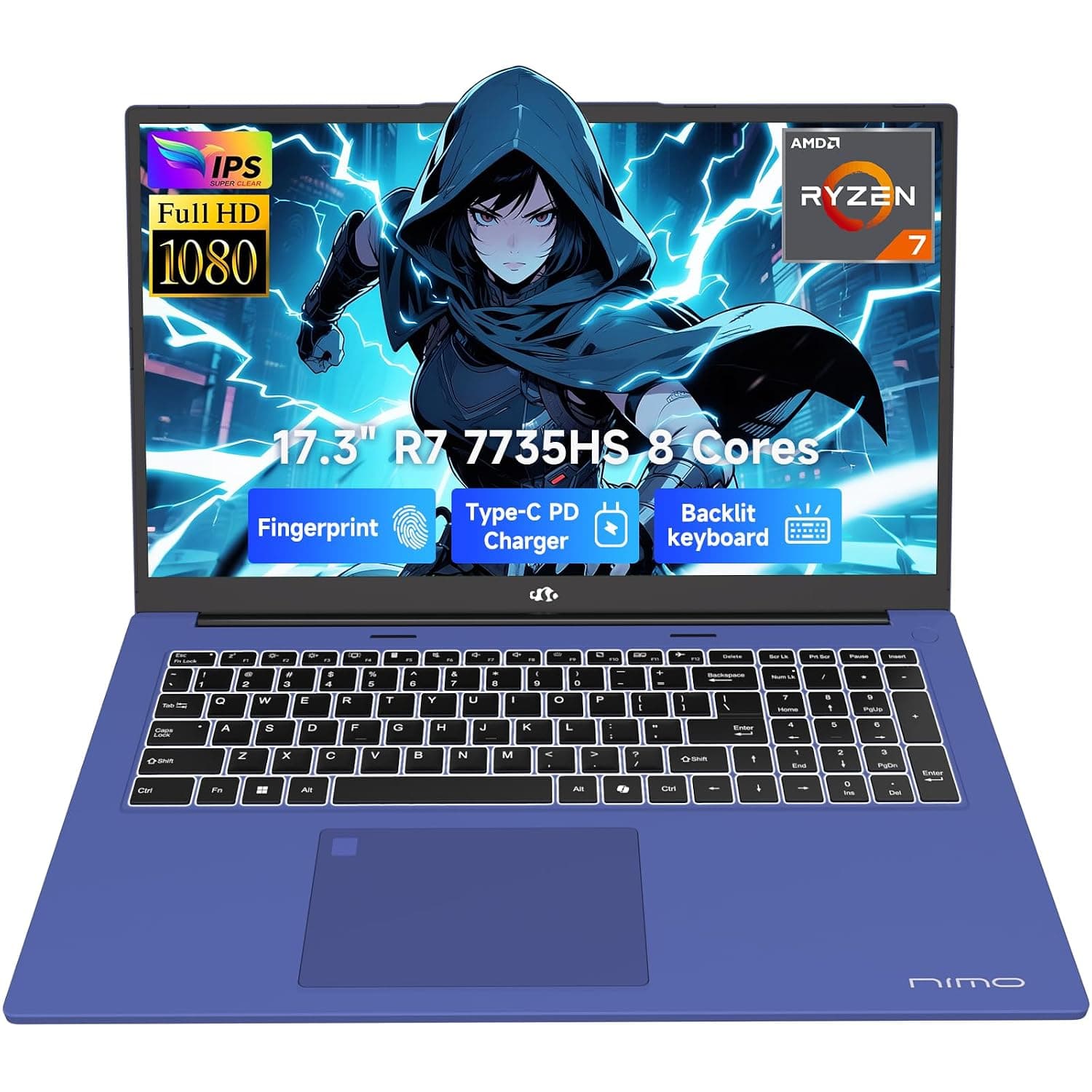 NIMO 17.3" Gaming-Laptop, Ryzen 7 7735HS (8C/16T, Beats i7-12650H) 16GB DDR5 RAM 1TB SSD Computer with Radeon 680M, 100W Type-C Charger, Wi-Fi 6E, 58Wh Battery, Fingerprint, Backlit Keyboard