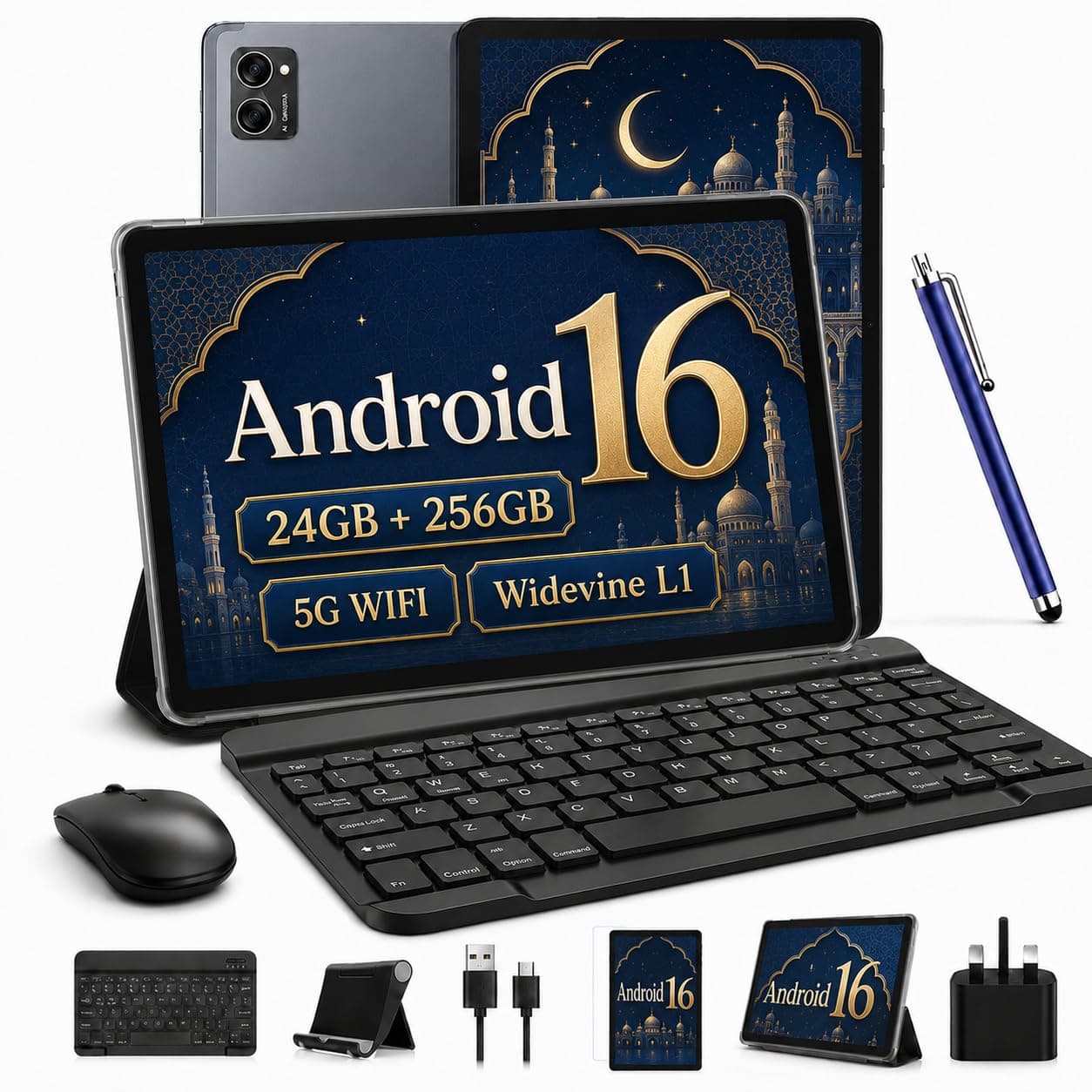 TABWEE Tablet 10 Inch Android 16 Tablet with Keyboard, 24GB RAM (8+16GB Ext.) 256GB ROM (2TB TF Expand), Octa-Core 2 in 1 Android Tablet, 5G WiFi, 5000mAh, GPS, Gemini AI, Space Gray