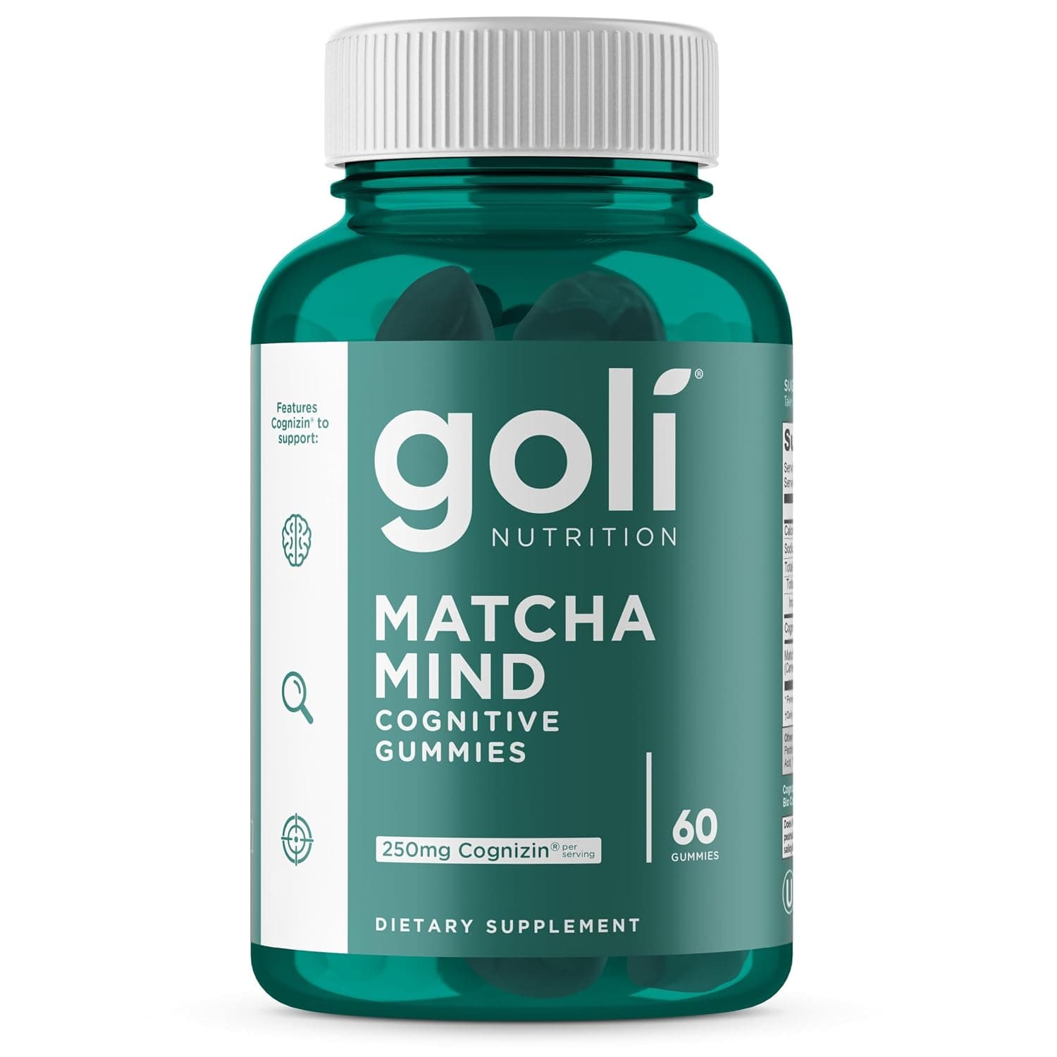 Goli Nutrition, Matcha Mind Cognitive, 60 Vegan Gummies, 250 mg Citicolin, 100 mg Green Tea Powder & 30 mg Sodium per Dose, Gluten Free, Soy Free, GMO Free, Fruit Flavour