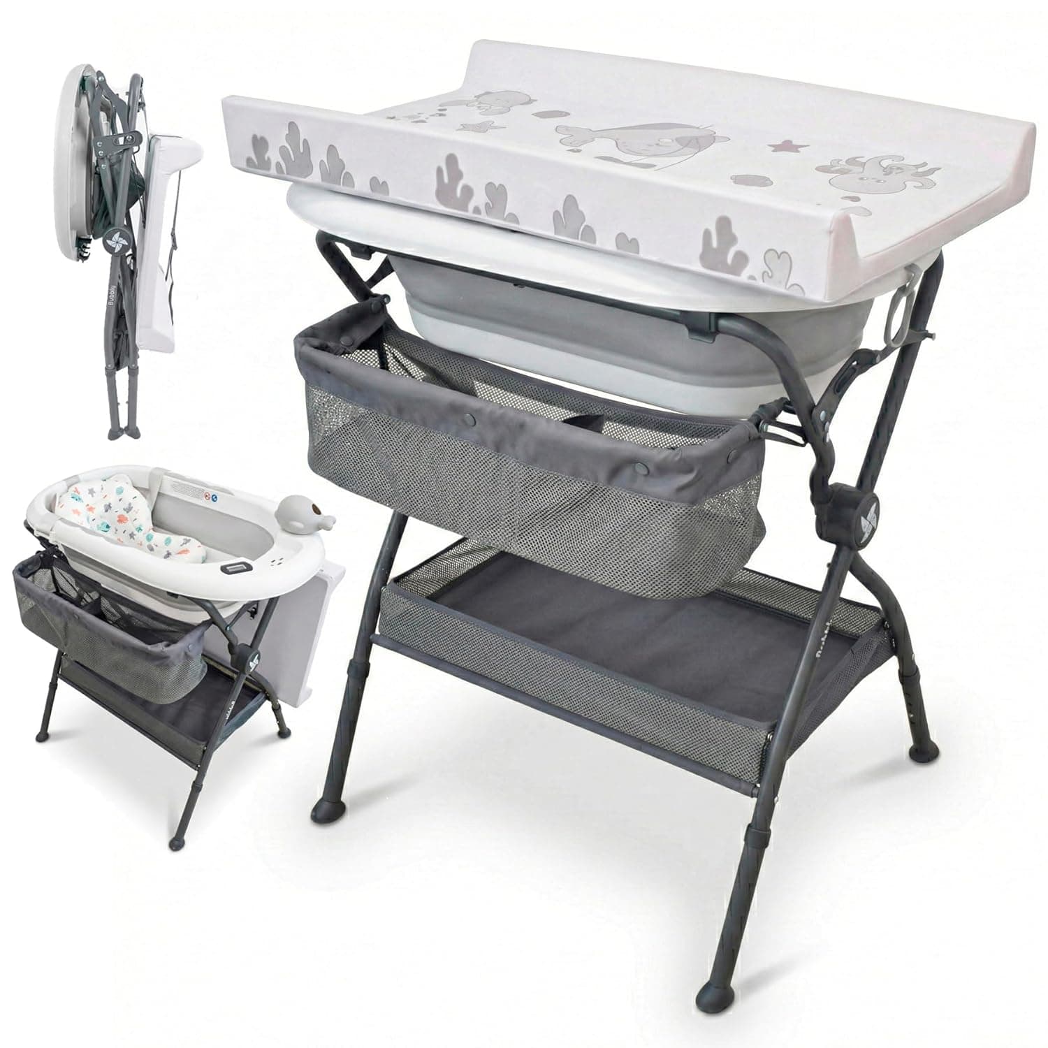 Twinly Bubbly – Foldable Baby Changing Tub | 2 in 1 with Structure, Ergonomic Height, Drain with Hose and Basket | Ideal Small Bathrooms (Grey)
