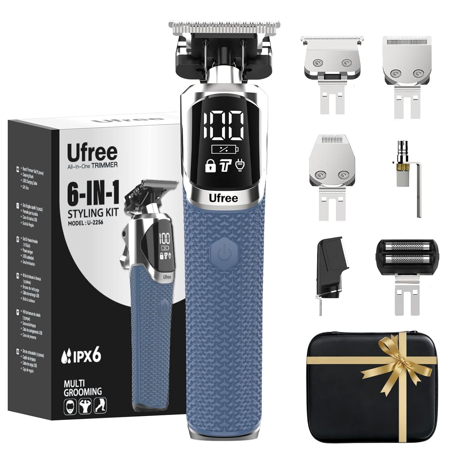 Ufree 6-in-1 Professional Beard Trimmer for Men, IPX6 Waterproof Electric Shaver Razor, Cordless Body Hair Trimmer for Mustache, Nose, Type-C Mens Gooming Kits, Birthday Valentines Gifts for Him