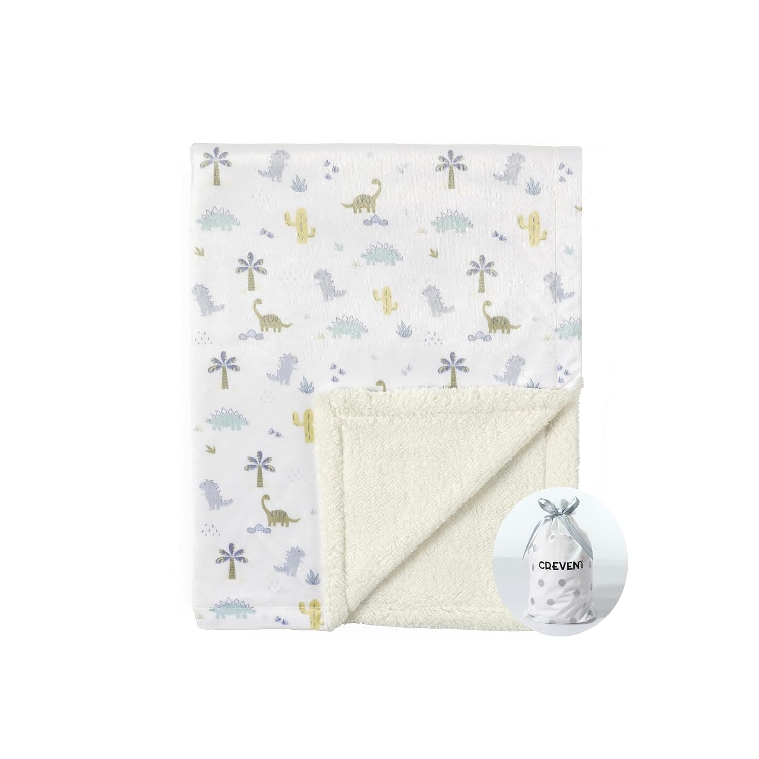 CREVENT 76x102cm Cozy Soft and Warm Mink Baby Blanket with Sherpa Backing, Packing with Ribbon for Newborn Infant Toddler's Crib Cot Stroller (Dinosaur)