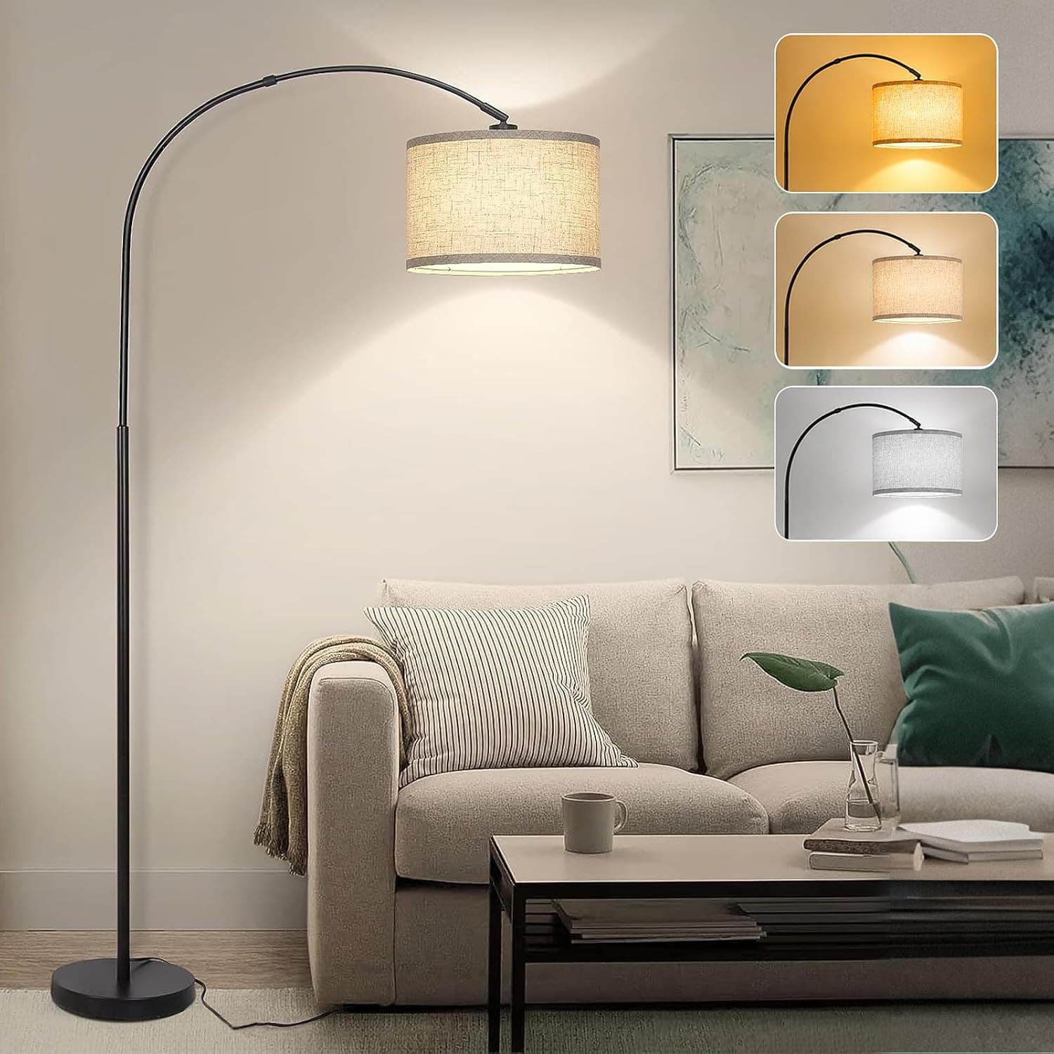 Wemart Floor Lamps for Living Room, Modern Floor Lamp with Adjustable Hanging Drum Shade, 185CM Height Tall Arc Floor Lamp, 12W Bulb Included, for Bedroom Office Dorm Room