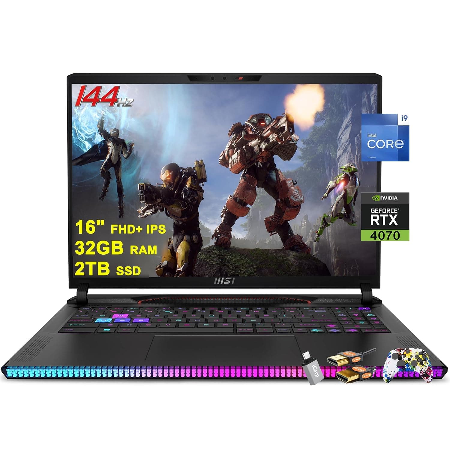 msi Raider GE68HX Gaming Laptop 16" FHD+ IPS 144Hz Intel 24-core i9-14900HX 32GB RAM 2TB SSD GeForce RTX 4070 RGB Backlit Thunderbolt4 Type-C Dynaudio FHD IR Privacy Camera Win11 ICP Accessory