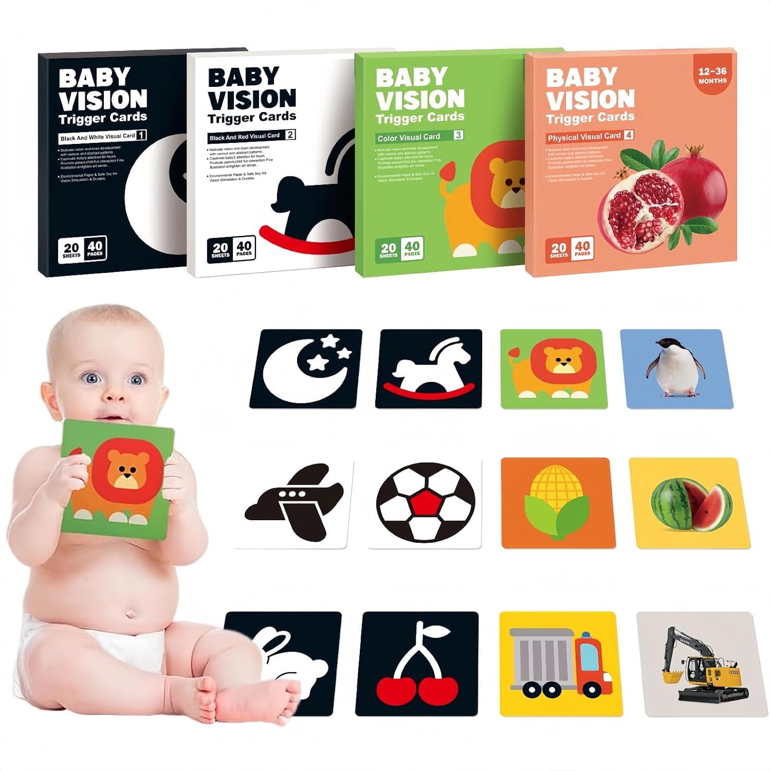 High Contrast Baby Flashcard for ages 0-3, 3-6, 6-12, 12-36 Months, 80PCS 160 Page Black White Colorful Visual Stimulation Learning Activity Card, New-born Infants Toddler Toys Gift for Early Sensory