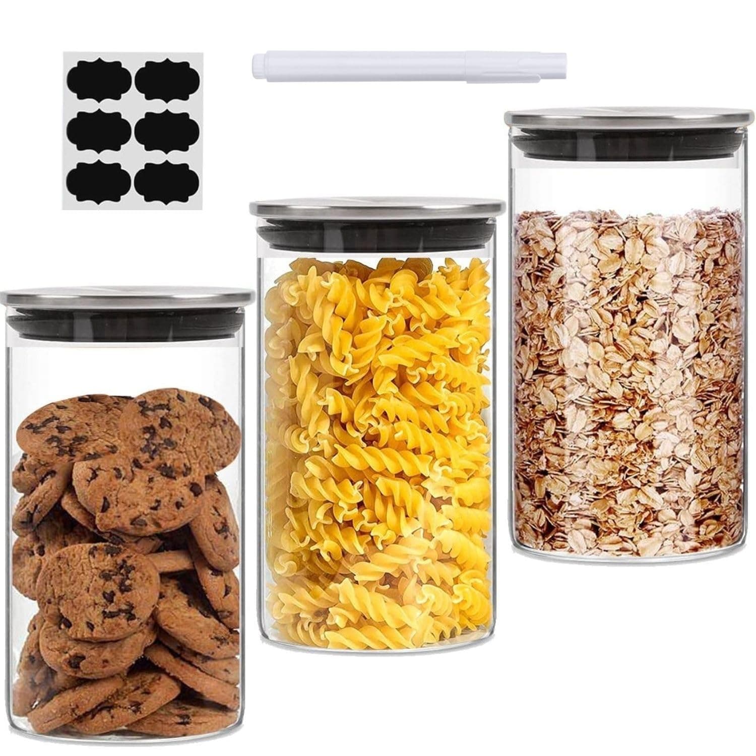 HOME ZONE 3pcs Glass Storage Jars with Metal Lids 750ML, High Borosilicate Glass Airtight Kitchen Food Canisters for Flour, Sugar, Coffee, Candy, Spice Jars, Candy with Labels & Pen
