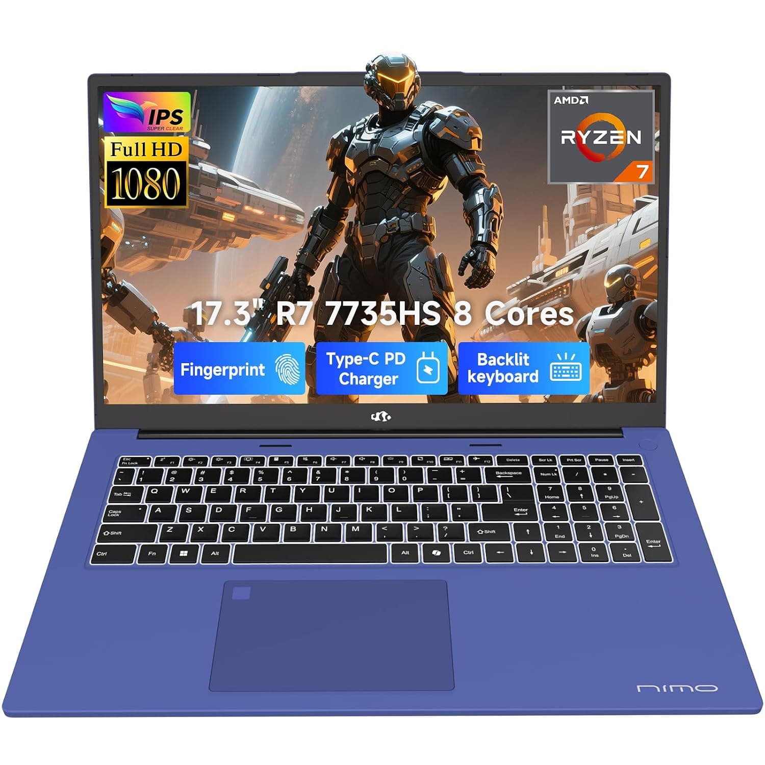 NIMO Light-Gaming-Laptop, 17.3" FHD Computer with 8-Core R7 7735HS 32GB DDR5 RAM 1TB SSD (Up to 4.75GHz, Beat i7-12650H) Radeon 680M GPU 100W Type-C 180° View for Business and School, 2Y Warranty