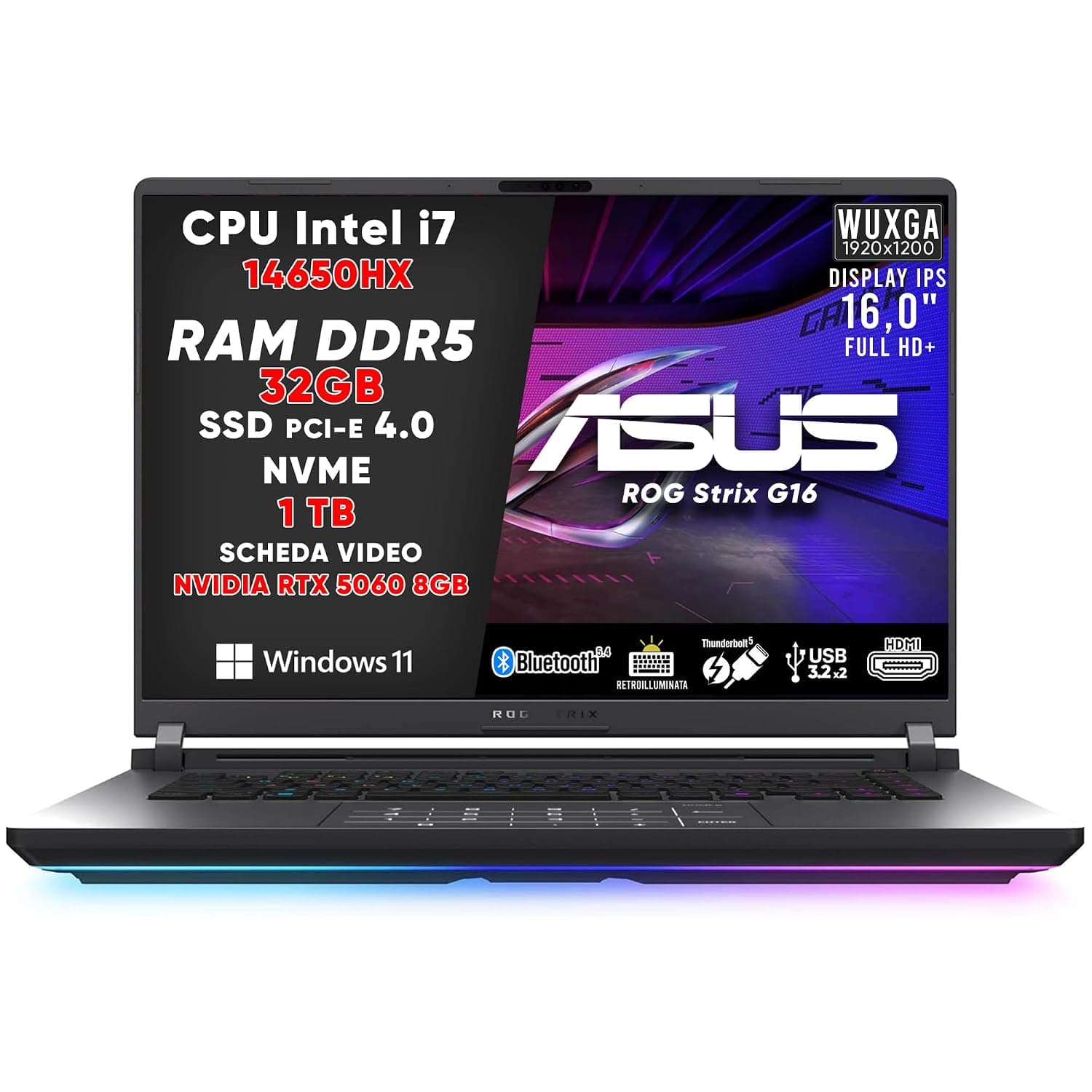ASUS ROG STRIX G16 Gaming PC, Notebook Gaming I7-14650HX, 32GB DDR5 RAM, 1TB SSD, NVIDIA GEFORCE RTX 5060 (8GB GDDR7), 16" FHD Display, LAPTOP GAMING WITH THUNDERBOLT 5, BT 5.4, RGB KEYBOARD, WIFI 7