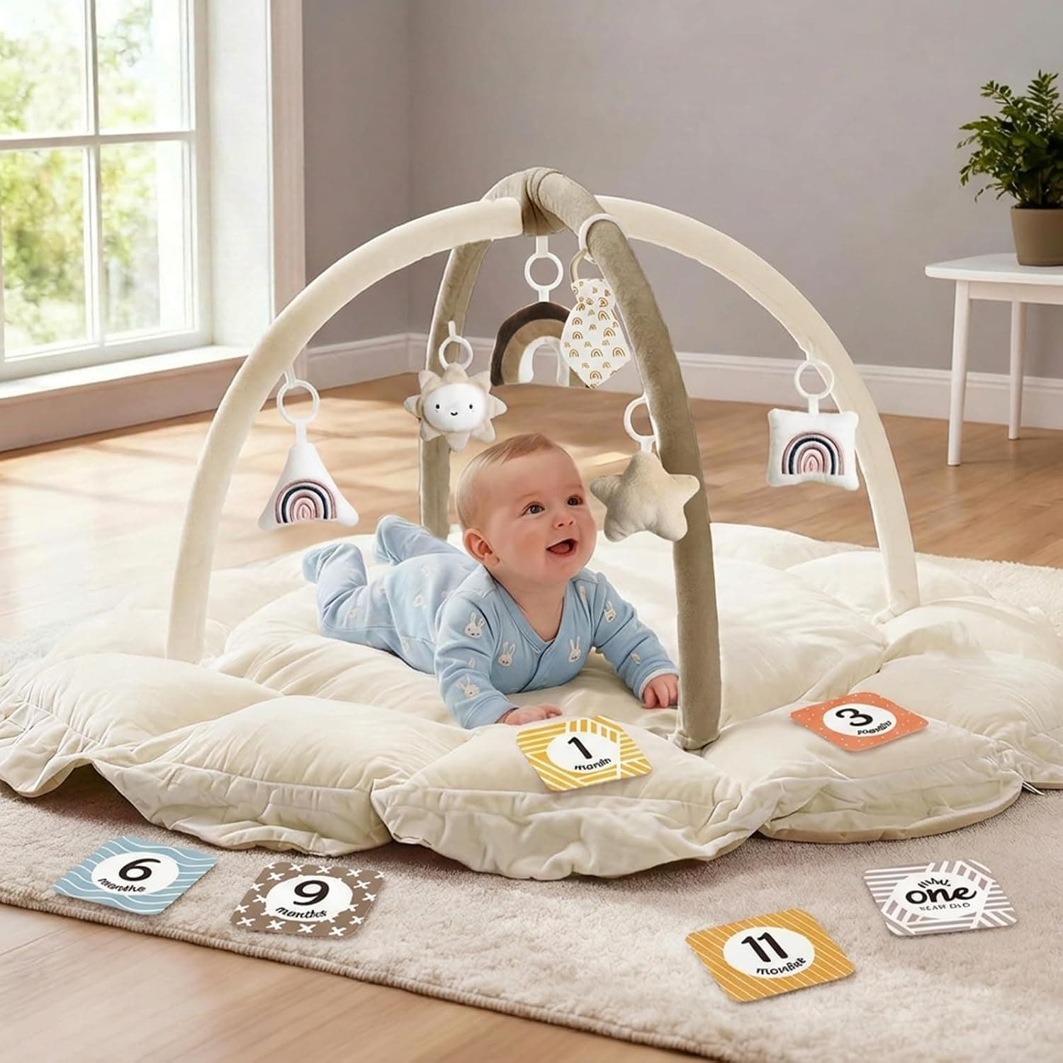 5-in-1 Thick & Plush Baby Play Gym, Baby Play Mats for Floor, Tummy Time Mat with 6 Toys, Cat Bed, Dog Bed, Convertible Stage-Based Developmental from Baby to Toddler, Ball Pit, Pet Cushion, Brown