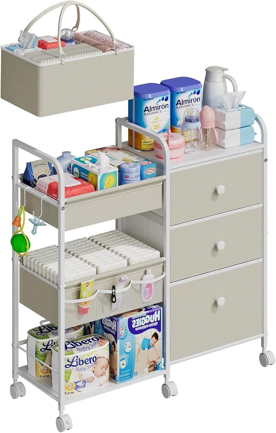 3 Tier Baby Diaper Caddy Organizer and Storage, Nursery Bedroom Essential Organizer Cart, Mobile Metal Utility Cart with Drawers For Kitchen, Bathroom, Office(White)