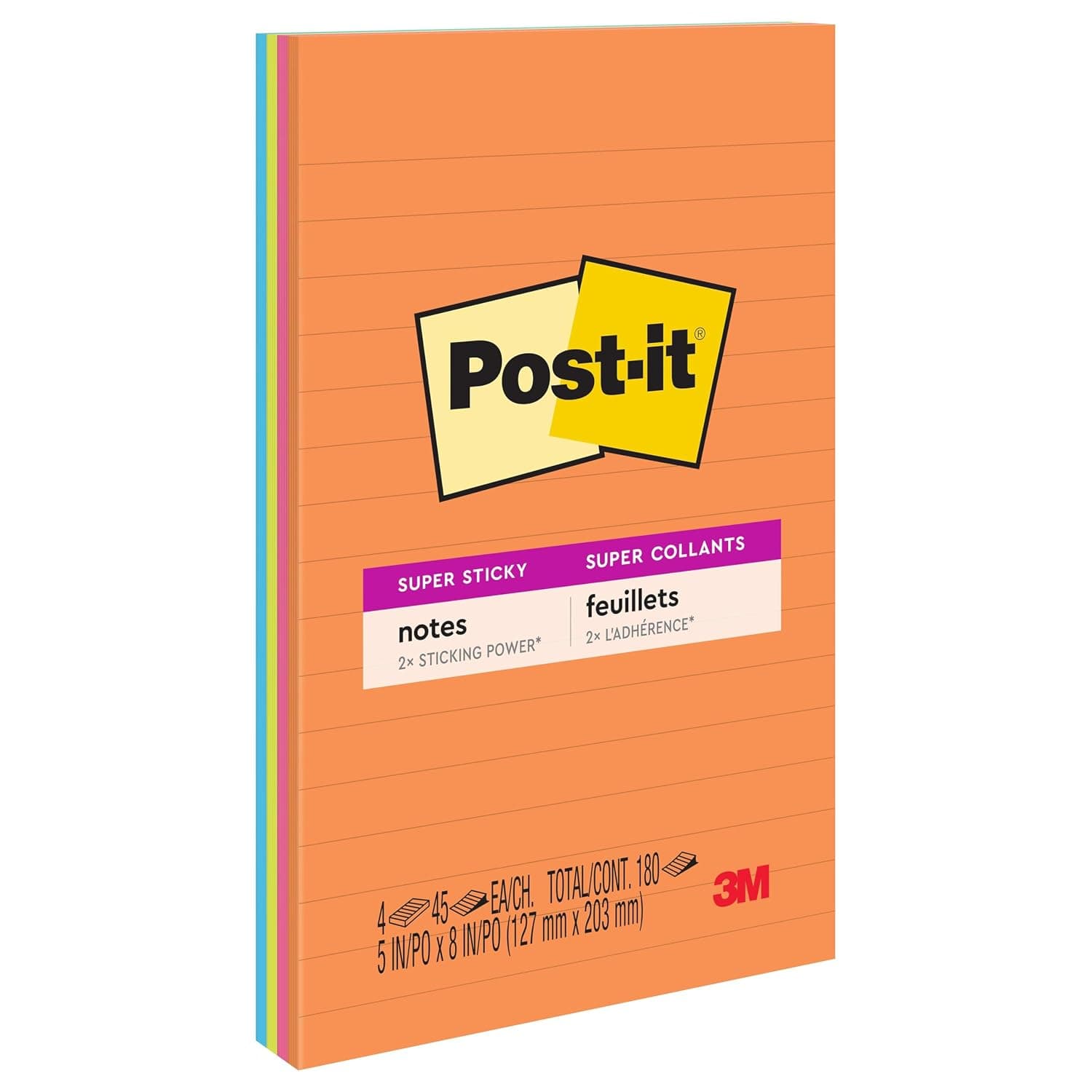 Post-it Super Sticky Notes Lined 5 x 8 in (127 x 203 mm) 5845 | Rio Assorted colors | Extra Sticky Notes | For Note Taking, To Do Lists | Clean Removal | Recyclable | 45 sheets/pad| 2 pads/pack
