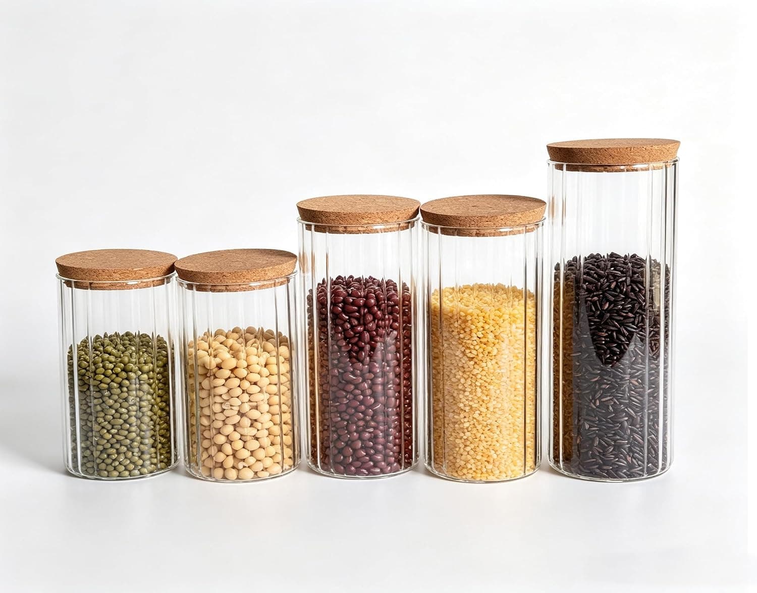 MOMENT 5 Pack Round Glass Kitchen Food Pantry Storage Jars Containers, Clear Glass Pantry Jars with Airtight Wooden Lids - Glass Canisters for Grain, Pasta, Cereal, Tea, Coffee, Flour, Sugar, Beans