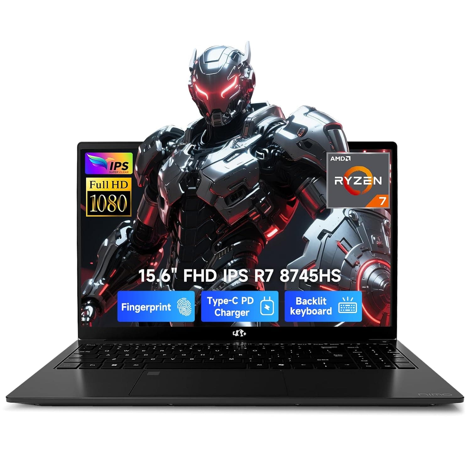 NIMO 15.6" IPS FHD-Gaming-Laptop, Ryzen 7 8745HS 32GB DDR5 RAM 1TB SSD Radeon 780M Graphics (8C/16T, up to 4.9GHz) 100W Type-C Backlit Keyboard, Fingerprint USB-C 4.0