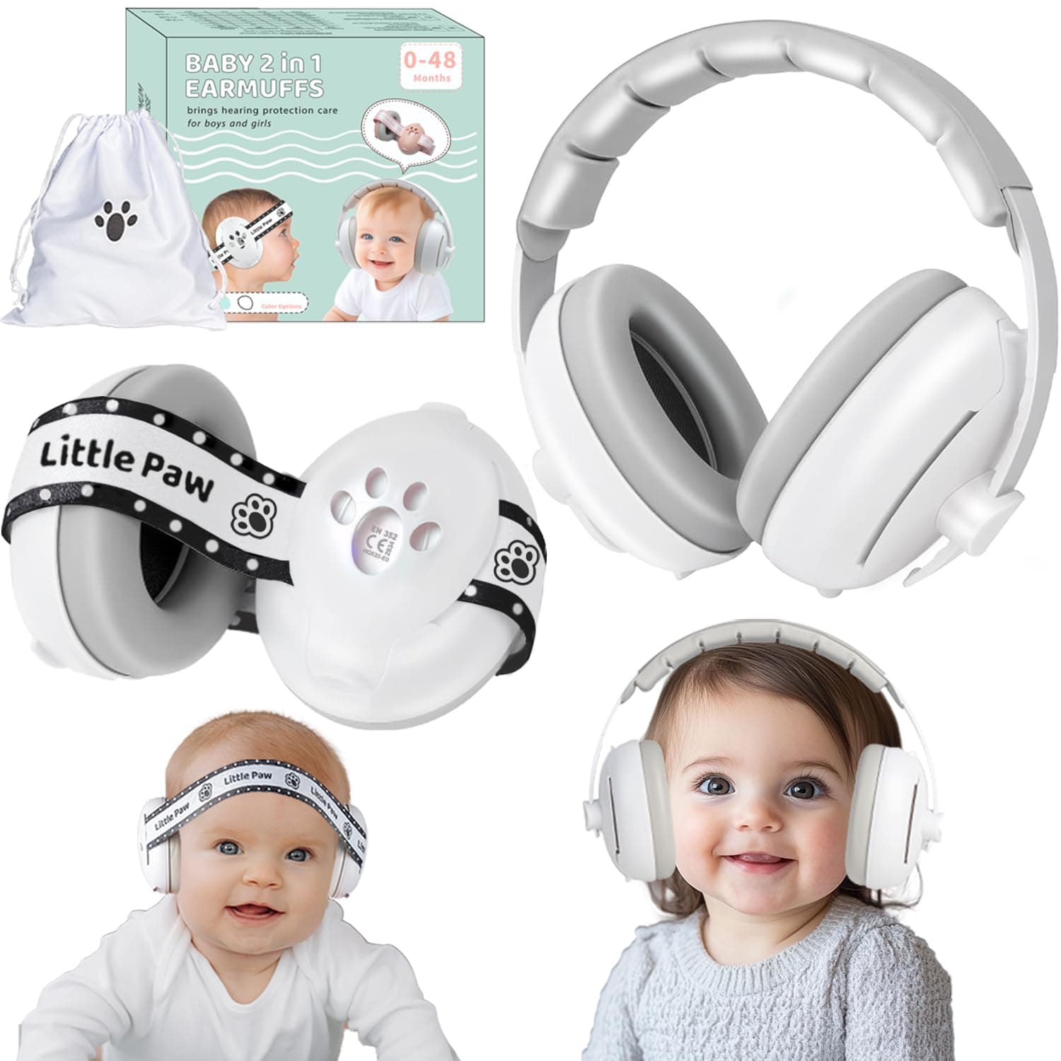 2-in-1 Hearing Protection for Babies and Toddlers up to 48 Months - Baby Headphones Noise Protection with Adjustable Anti-Slip Headband, Against Hearing Damage & Improves Sleep White