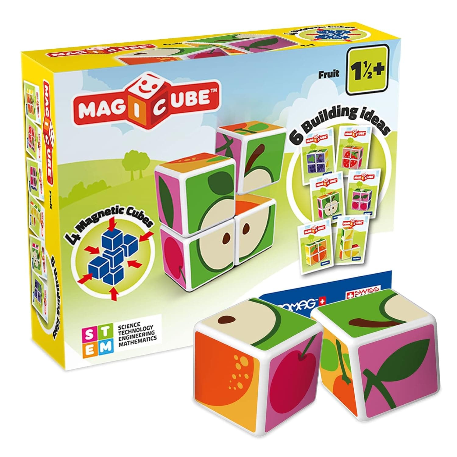 Geomag Magicube Printed Fruit Building Set + Idea Cards | STEM Educational Magnet Toys, Swiss-Made 100% Recycled Magnetic Toys, Open-Ended Construction Educatioal Toy, Ages 1yr+, 6 Cubes, 3 Cards