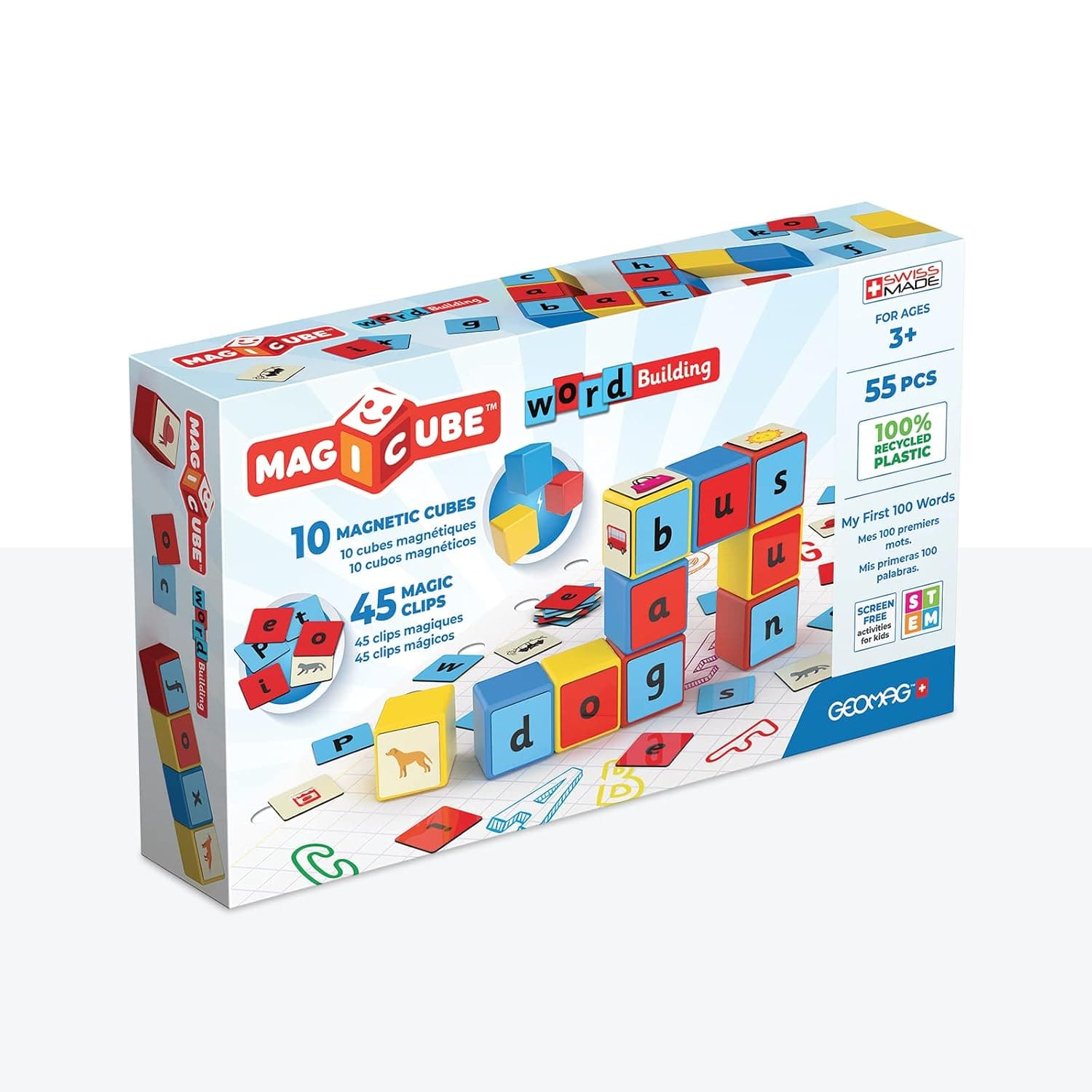 Geomag Magicube Word Building Recycled Clips, STEM & Educational Magnet Toys, Made in Switzerland, 100% Recycled Plastic, Open Ended Toys, Construction Toys, 3Y+, 79pcs