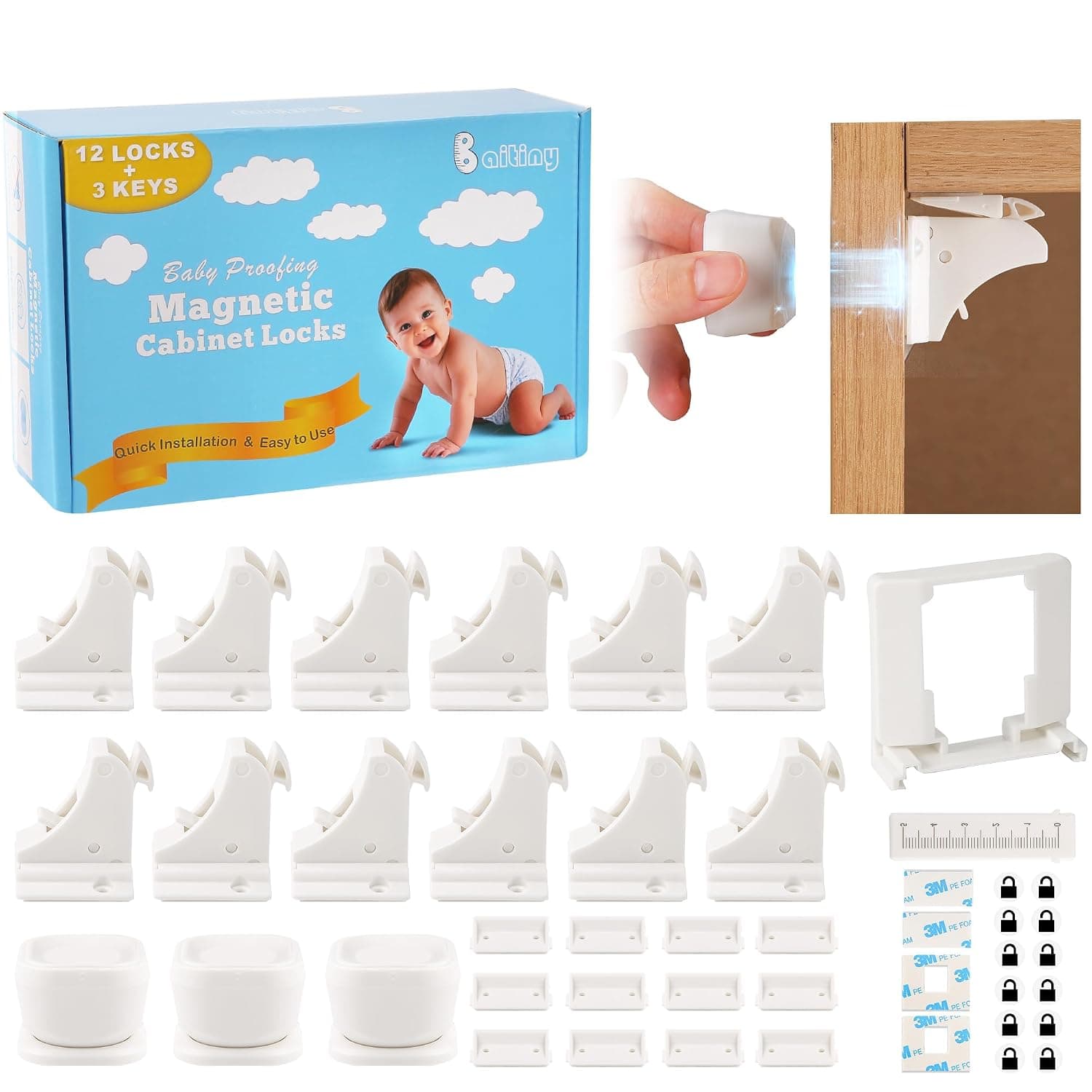 12 Pack Magnetic Cabinet Locks Baby Proofing - Baitiny Child Proof Cupboard Drawers Latches - Adhesive Easy Installation