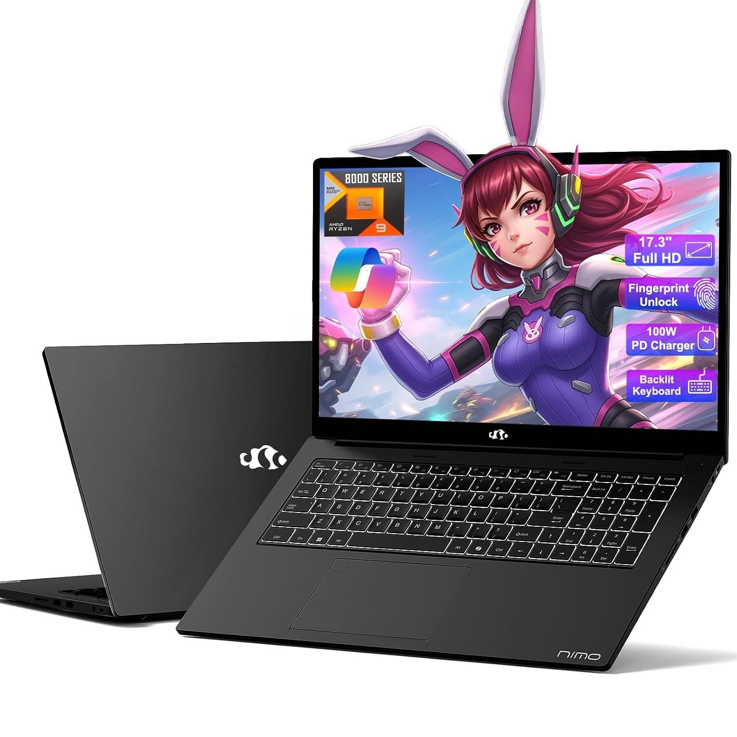 NIMO 17.3” Business-Laptop Ryzen 9 8945HS, 16GB RAM 1TB SSD, Radeon 780M, 54W Max TDP, 75Wh Battery, USB-C 4.0, PD 100W, Backlit Keyboard, Fingerprint Unlock, FHD Laptop for Gaming Student Office
