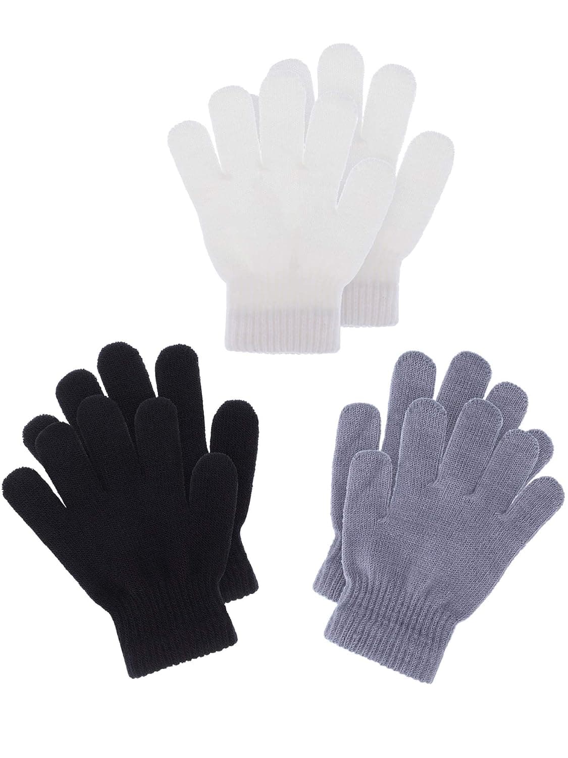 3 PairsToddler Gloves Kids Gloves Kids Full Finger Mittens Winter Knitted Mitten for Little Boys and Girls Supplies(Black & White & Gray, 7–11 Years)