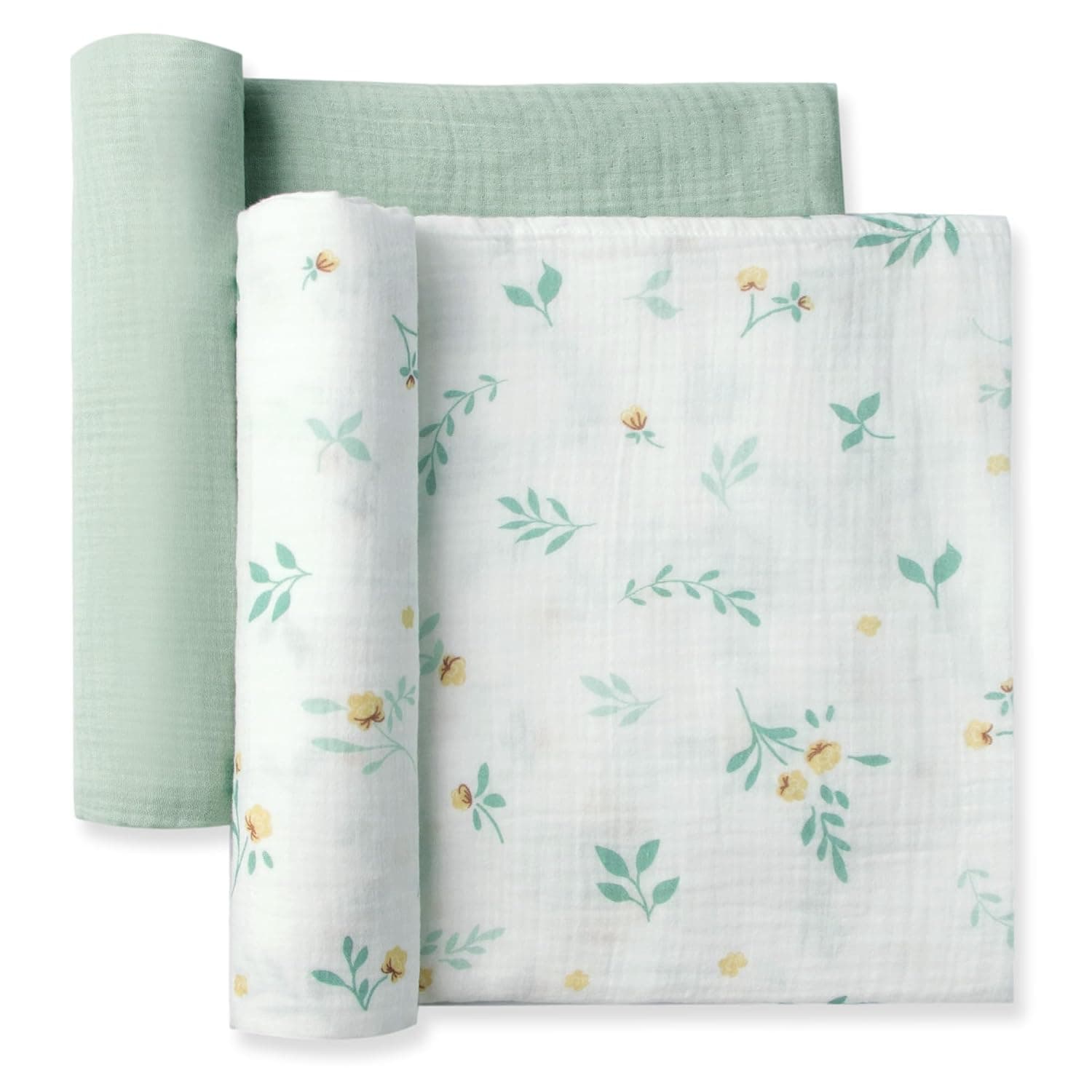 Muslin Swaddle Blankets, 2-Pack Breathable Receiving Blankets,47''x47'' Large Baby Wraps,Soft Baby Blankets for Girls and Boys Newborn Essentials Baby Gifts (Green&Leaf)