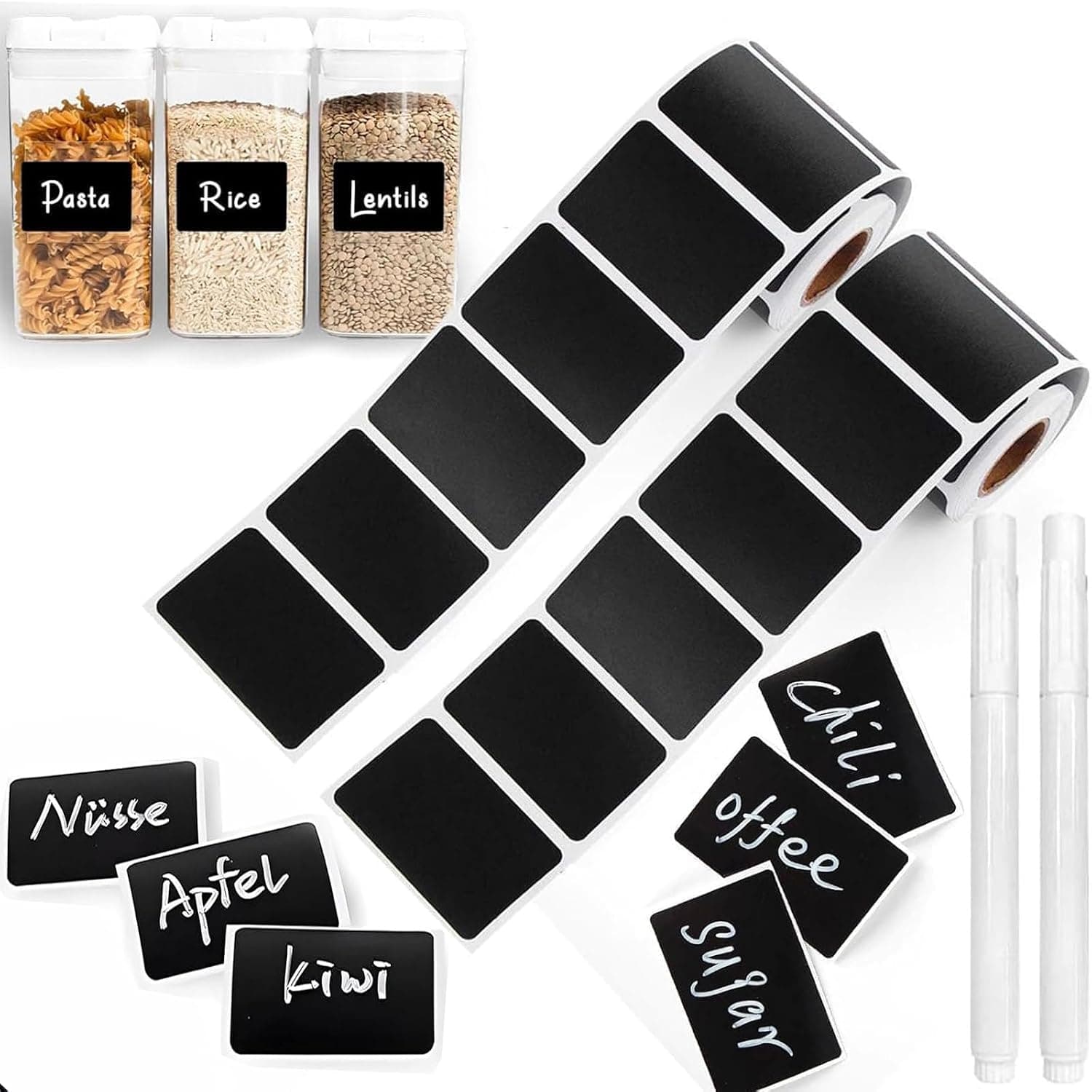 Chalkboard Labels, 240pcs Self-Adhesive Removable Stickers with 2 White Markers, Reusable Waterproof Labels for Kitchen Storage, Pantry, Bins, Jars, Office