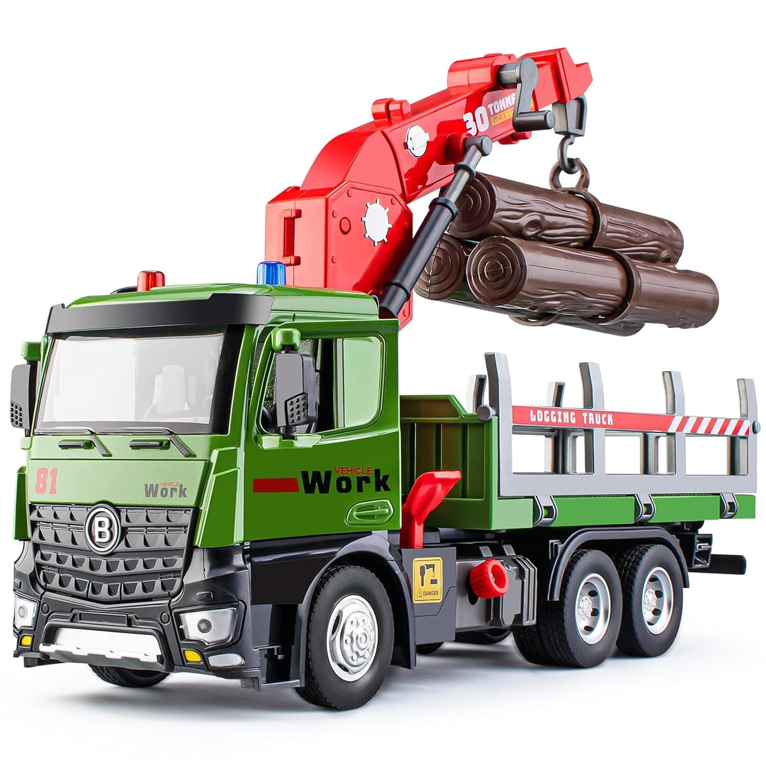 HAPYAD Timber Logging Truck Toy Metal Cab, Friction Powered Log Truck | with Fully Functioning Loading Crane and 3 Loadable Trunks, Construction Playset for Boys Kids, 11.2"