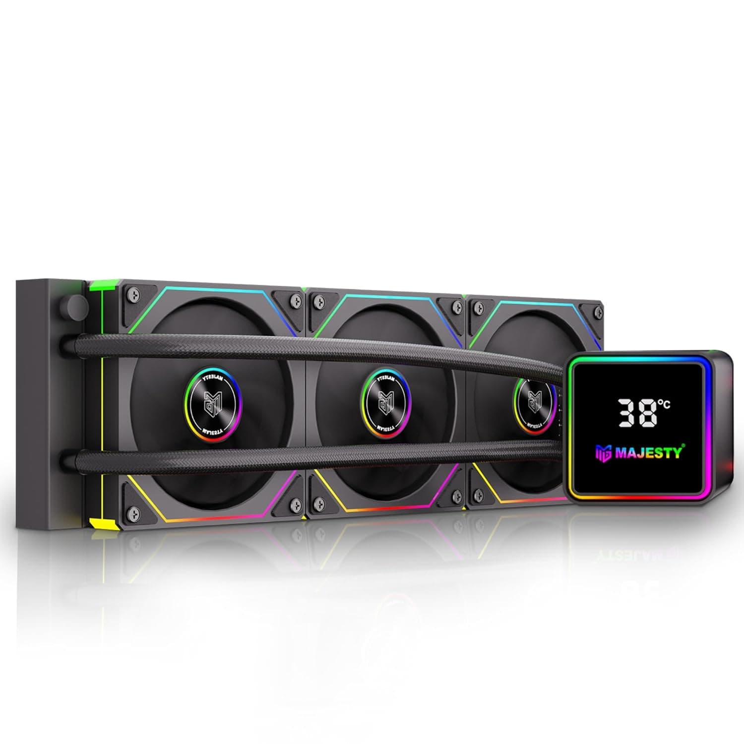 Majesty 360MM ARGB CPU Water Cooler with Digital Temperature Display, Leak Proof Tubes, Three 120mm ARGB Fans, Compatible with Intel & AMD, Black for Gaming