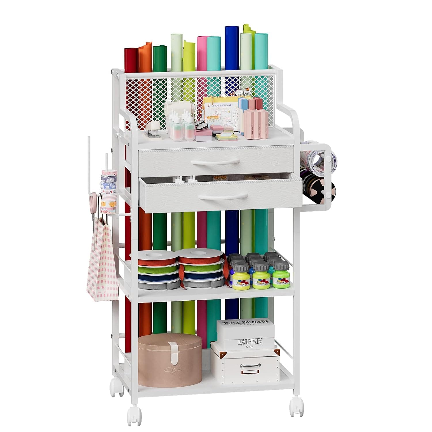 Espelism Rolling Wrapping Paper Storage Cart with 2 Drawers & Lockable Wheels, 3-Tier Gift Wrap Organizer with Ribbon and Cart Tape Holder for Crafts and DIY Supplies (White)