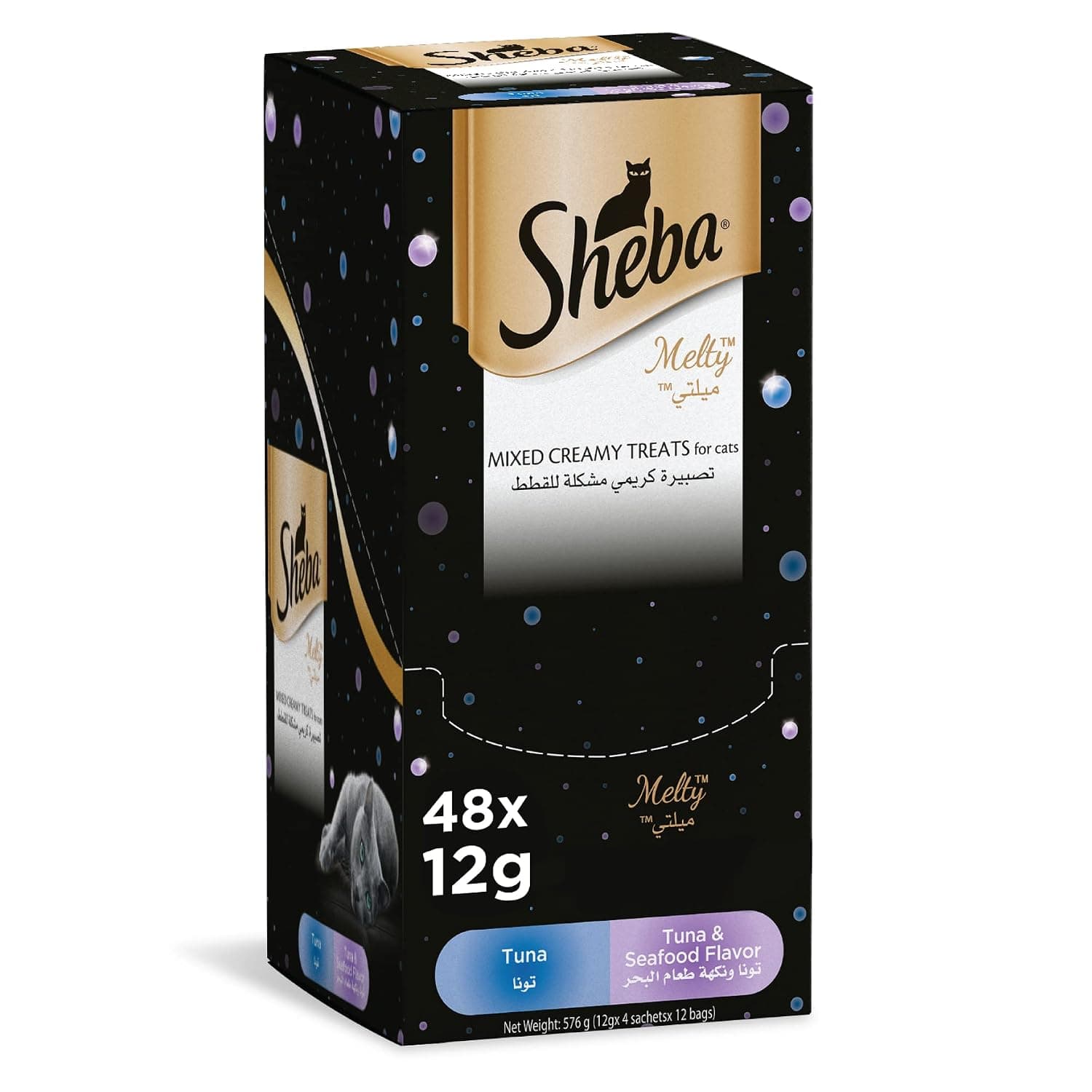 Sheba Cat Food, Melty Mixed Creamy Treats Tuna & Seafood Flavor, 4 Pouches, Fed by Hand for Cats to Relish This Premium Wet Food Treat, Pack of 48g x 12