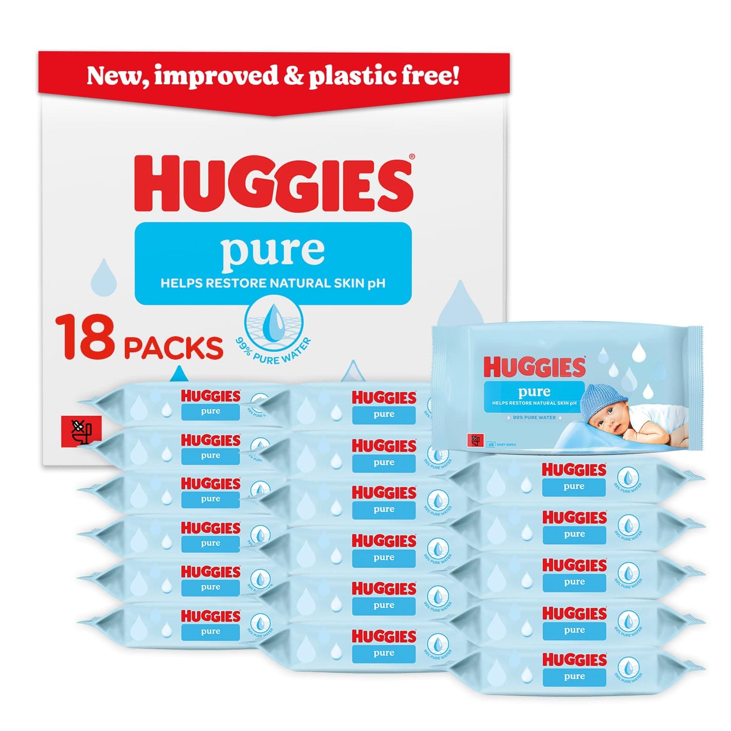 Huggies Pure Plastic Free Baby Wipes, Pack of 18 (864 Wipes)
