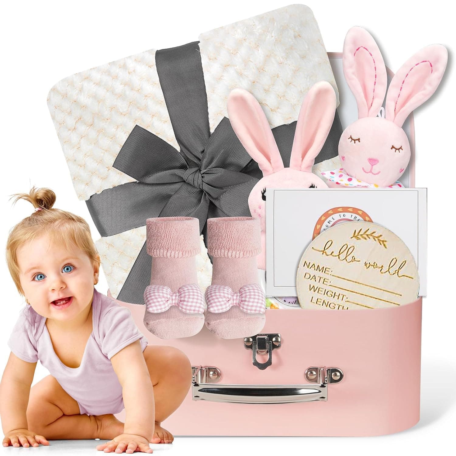 Premium Baby Girl Gift Set for Newborn Baby Girls, Multiple Cute Baby Girls Gift Basket Set with Bunny Handbell, Baby Blanket, Bunny Security Blanket, Baby Socks, Wooden Announcement Sign
