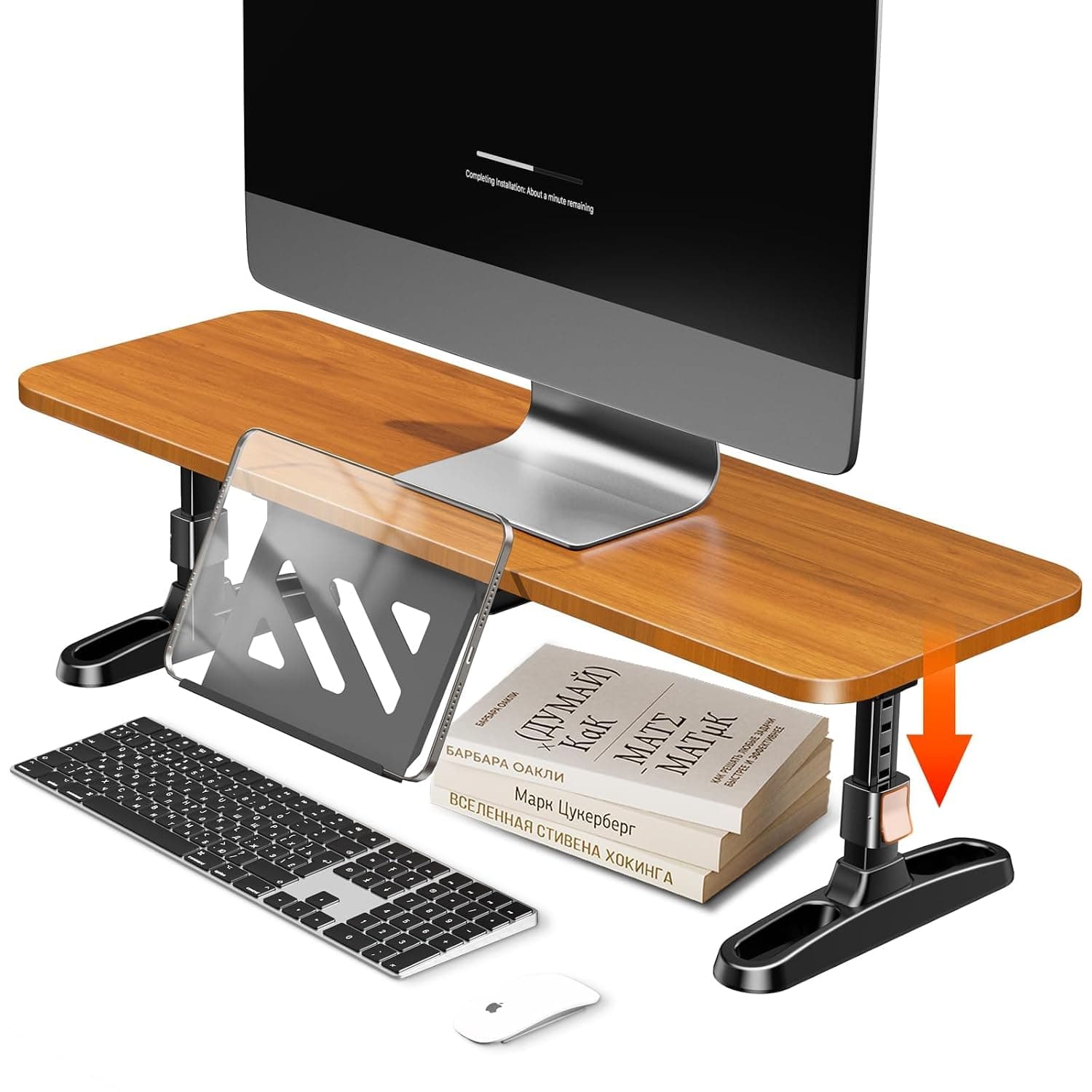4 Adjustable Heights Wooden Monitor Stand Riser for Desk, Solid Wood Computer Screen Stand with Hidden Phone Holder, Desktop Storage Organizer for Laptop Printer and TV
