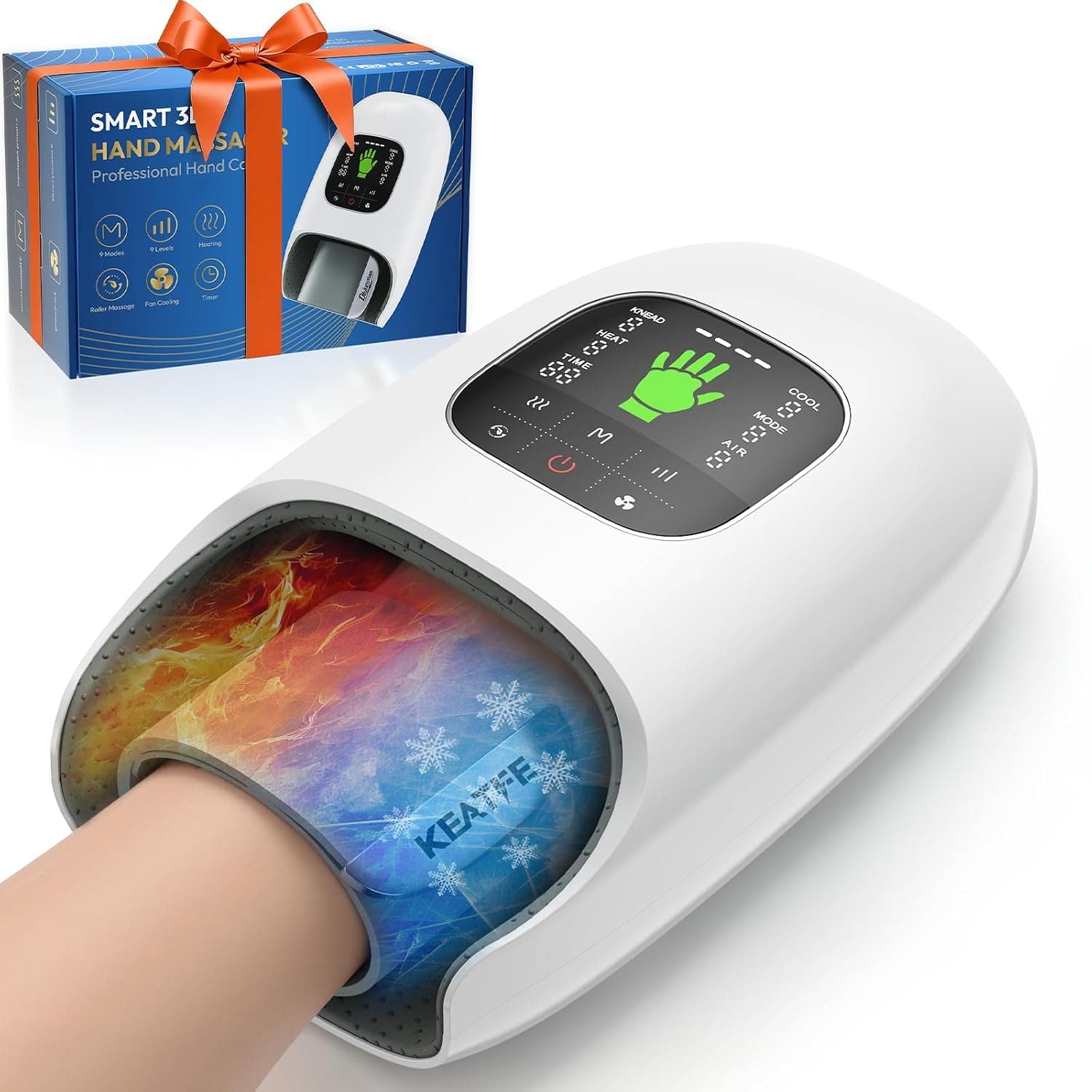 Hand Massager with Heat and Compression, LCD Cordless Hand Massage with Cooling Fan for Palm, Fingers, and Wrist Relaxation, 9 Modes & 9 Intensities & Rotation, Fits Most Hand Sizes