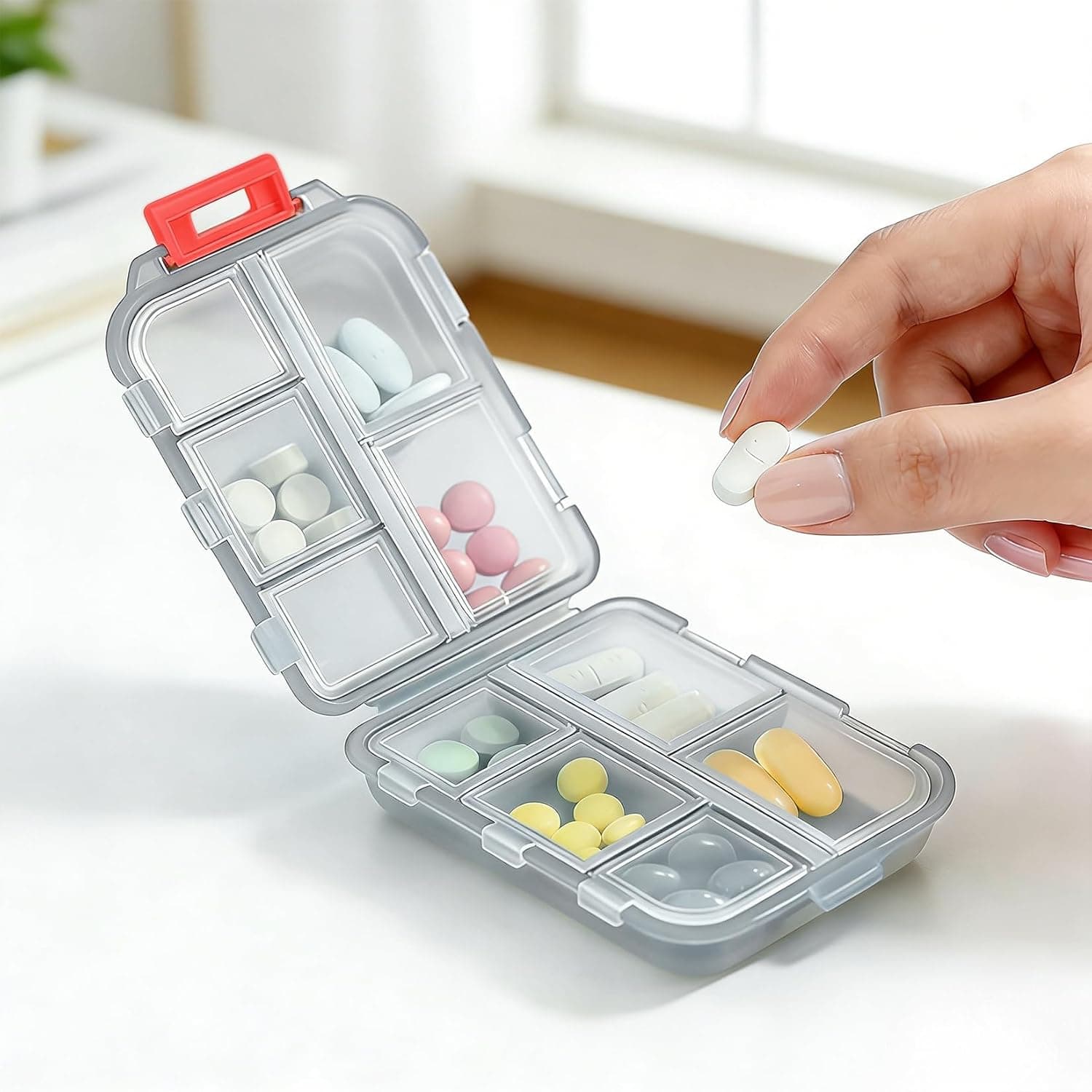 1 PcsPill Organizer for Travel, Double Layer Foldable Weekly Pill Organizers, Medicine Case Pill Box Case Holder with 10 Compartments for Vitamin, Pills, Supplement(Gray)