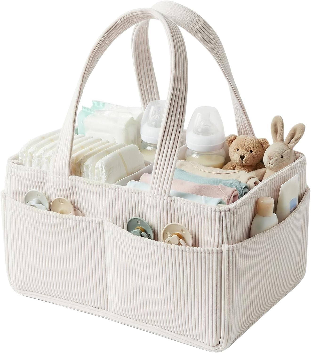 Baby Nappy Caddy Organiser, Portable Corduroy Nursery Diaper Storage Basket with Handle, Multi Compartment Baby Diaper Caddy Organizer Newborn Essentials Nursery Shower Gifts for Boys Girls