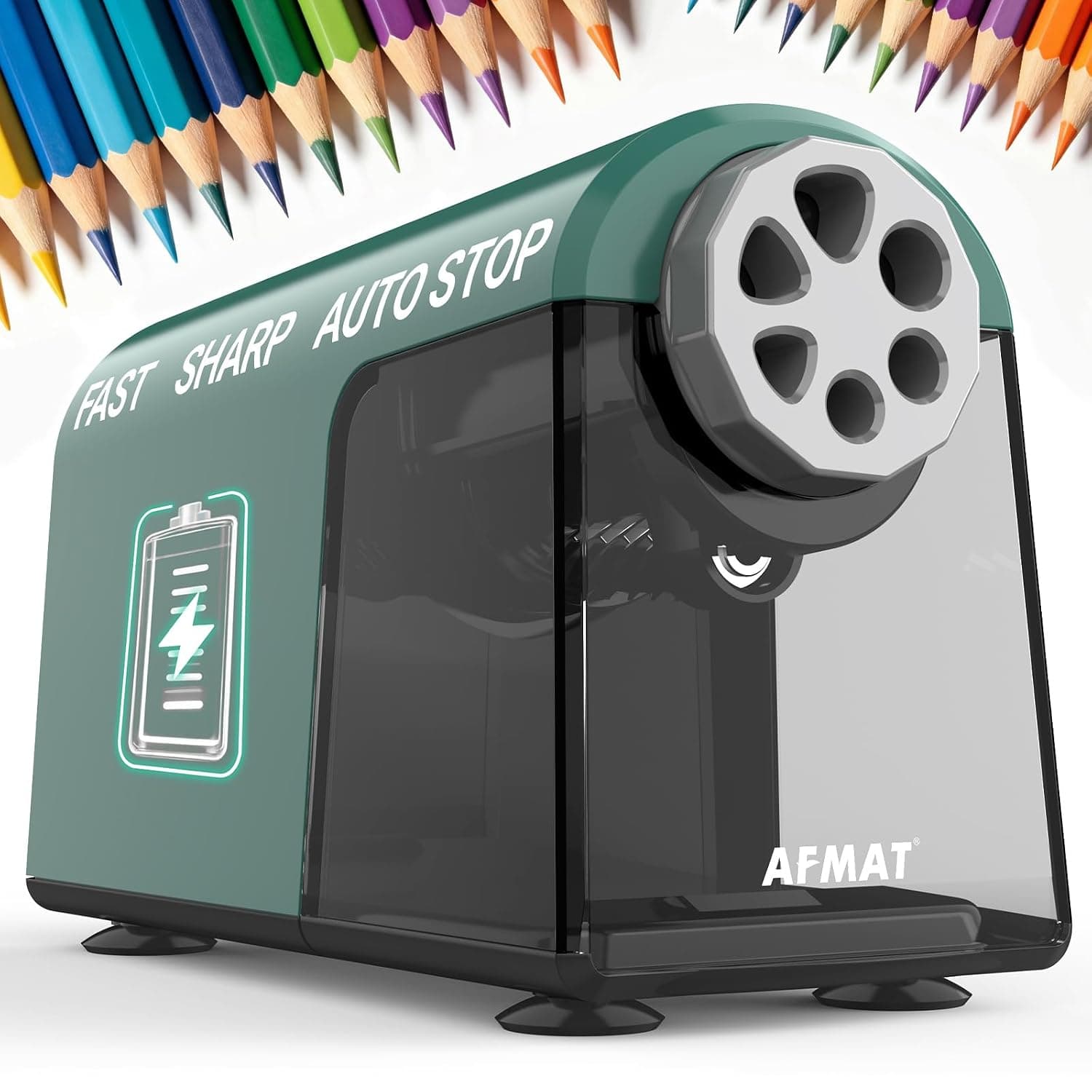 AFMAT Electric Pencil Sharpener Heavy Duty, 6 Holes, Cordless & Rechargeable, Fast Sharpen, Auto Stop, 10K+ Uses, Classroom Pencil Sharpener for 6-11mm No.2/Large/Colored Pencils PSD2(Green)