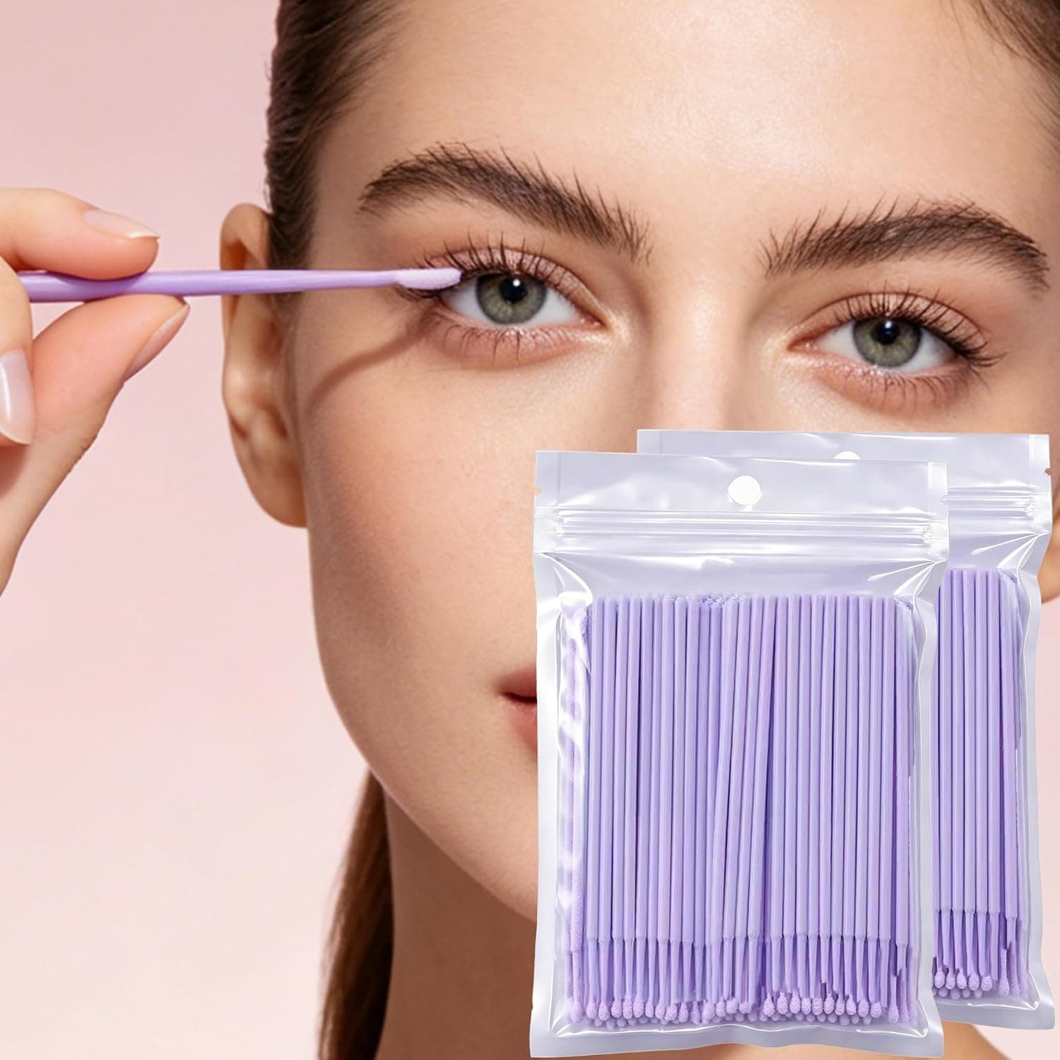 100 Pack Microswabs for Eyelash Extensions Disposable Lint-Free Micro Cotton Swabs Precision Applicator Brush for Makeup Removal Beauty Tools Non-Absorbent Head Bagged Purple
