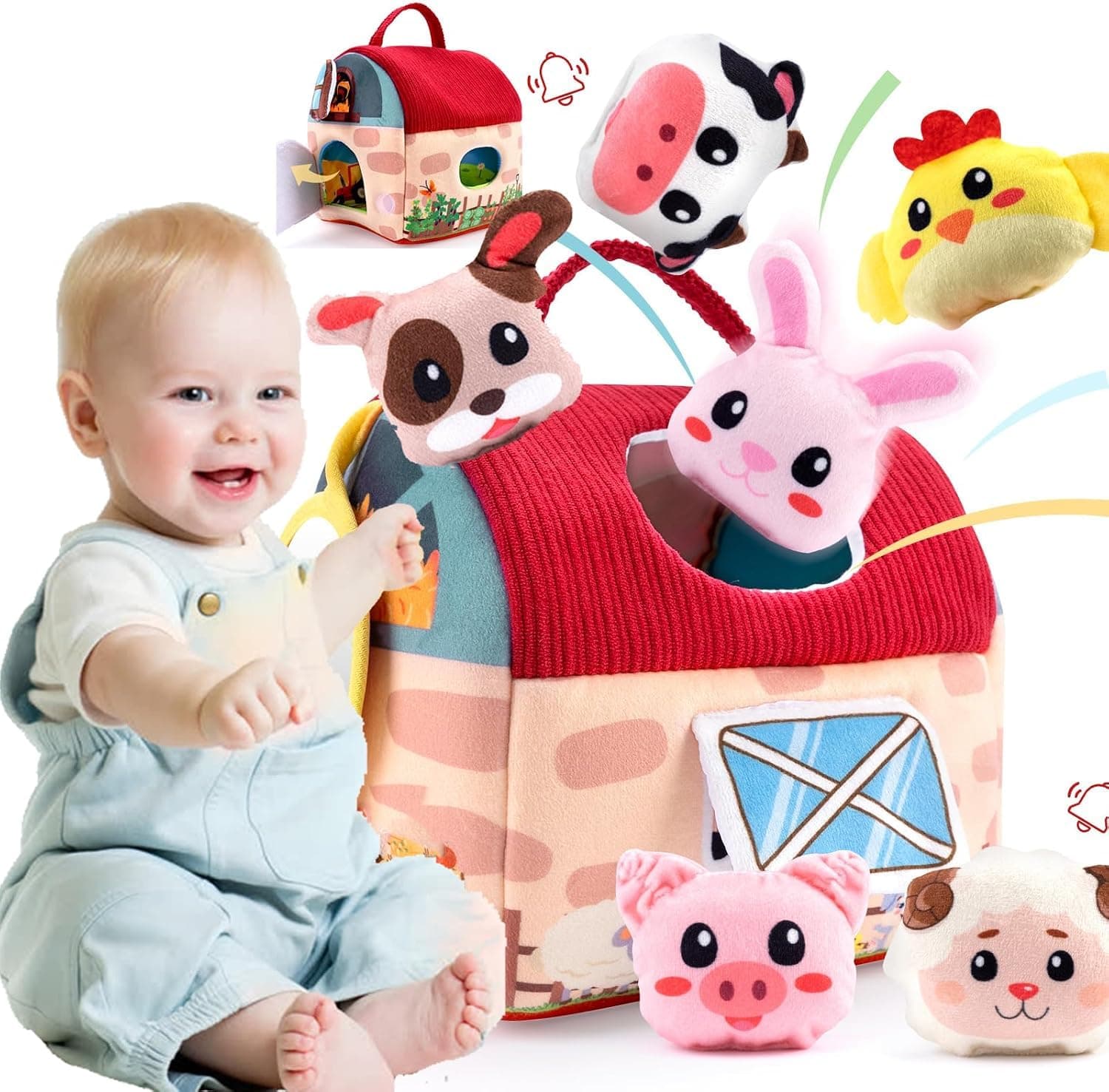 Baby Toys 6-12 Months -Mini Farm Animals Shape Sorter Toys with 6pc Stuffed Farm Plush toy, Rattle, Crinkle Paper, Mirror -Busy Montessori Toy for Babies, Sensory Toys for Toddlers 1-3 Year (Farm)