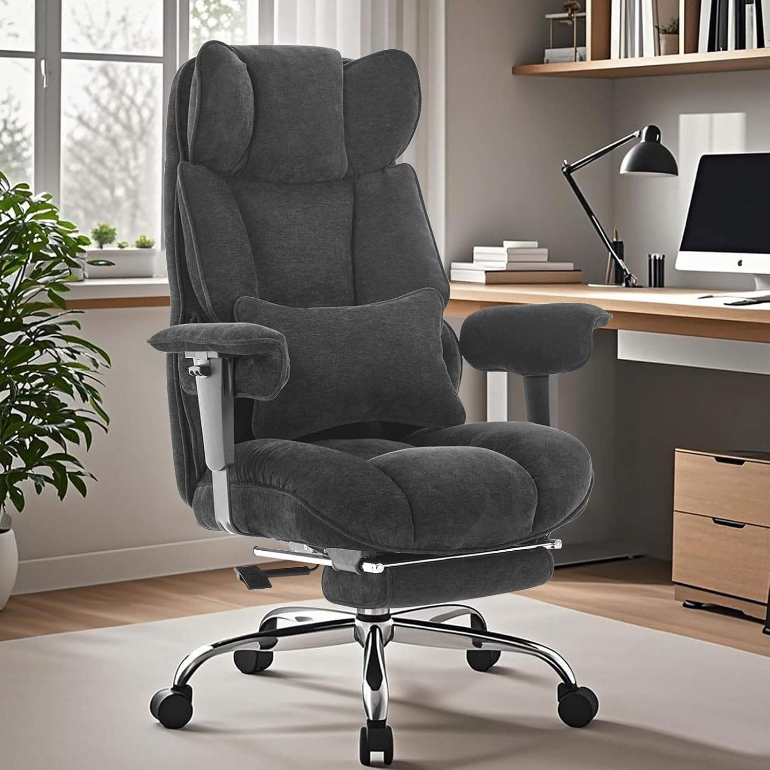 Efomao Big and Tall Office Chair, Ergonomic Executive Chair with Footrest, Fabric Computer Desk Chair for Back Support, Black Gaming Style