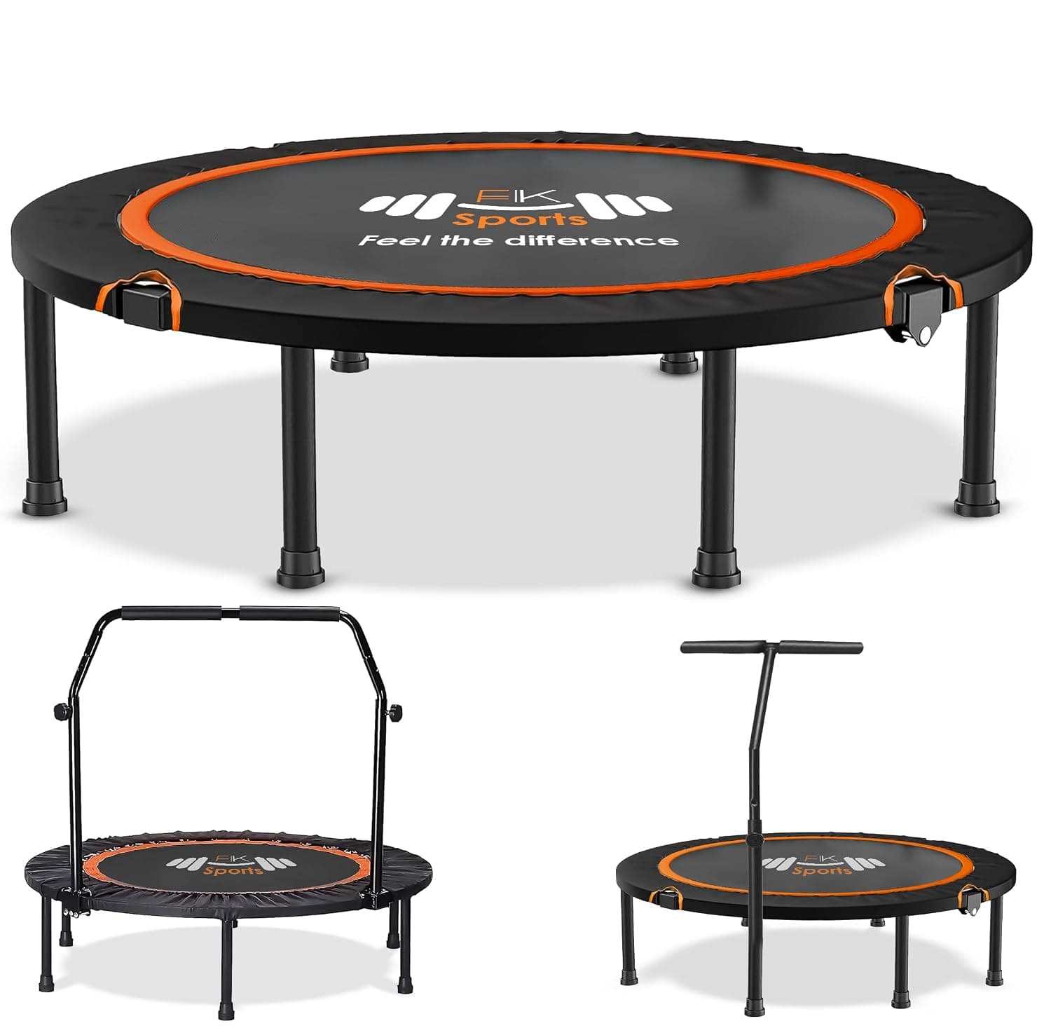 FK Sports Foldable Fitness Mini Trampoline Rebounder, 48" and 40" Foldable Mini Trampolines with T or U Bar Handle, Round Mini Fitness indoor Trampoline