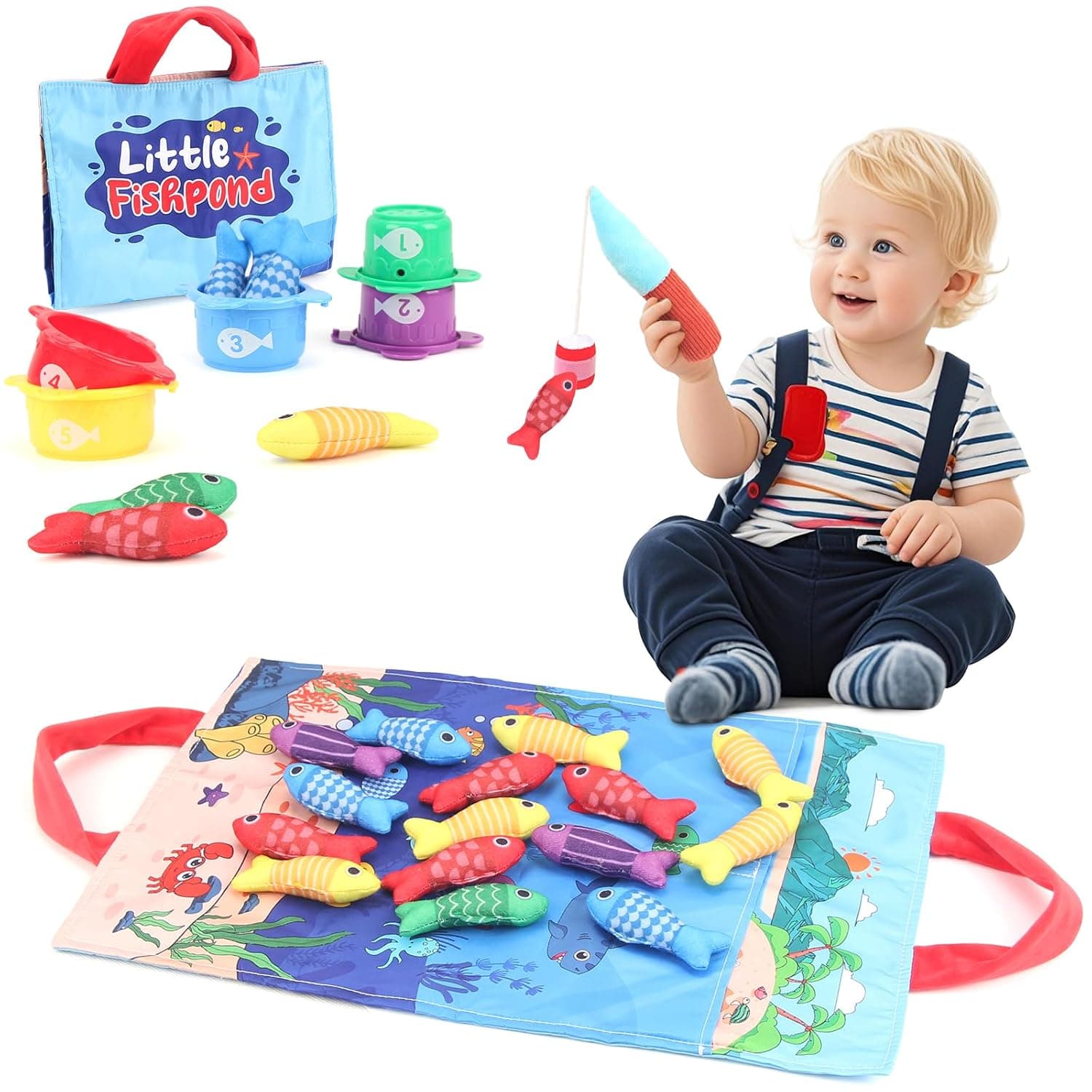 Montessori Toys for 1-3 Year Old Boy Girl Birthday Gift, Toddlers Cloth Fishing Game, Sensory Toys with Stacking Cups, Number Counting, Color Sorting, Shape Learning for 12-18 Months Kids