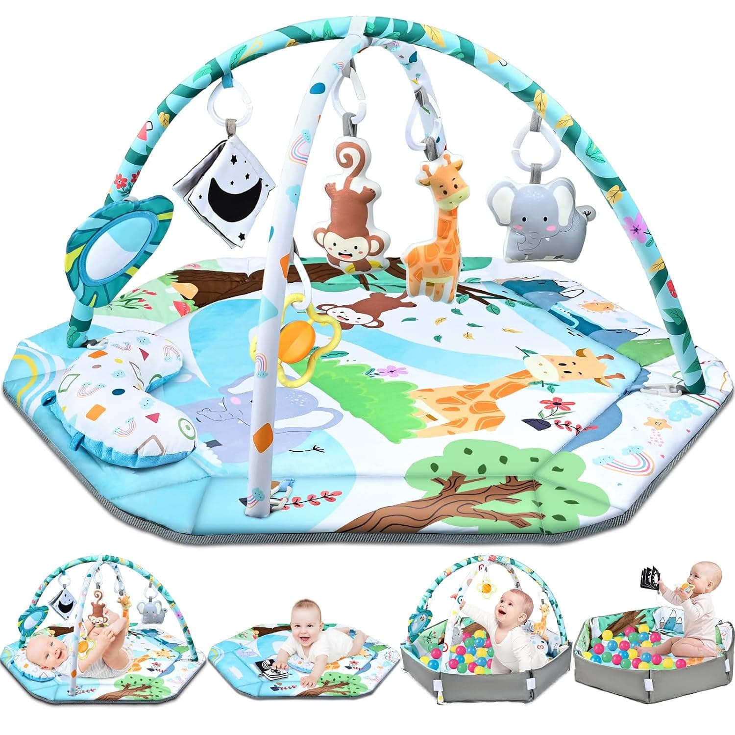Baby Gym Play Mat, 4-in-1 Tummy Time Mat & Ball Pit with 6 Toys, Washable Baby Activity Play Mat for Visual, Hearing, Sensory, Motor Development, Baby Toys Gift for Toddler Infant 0-3-6-9-12 Months