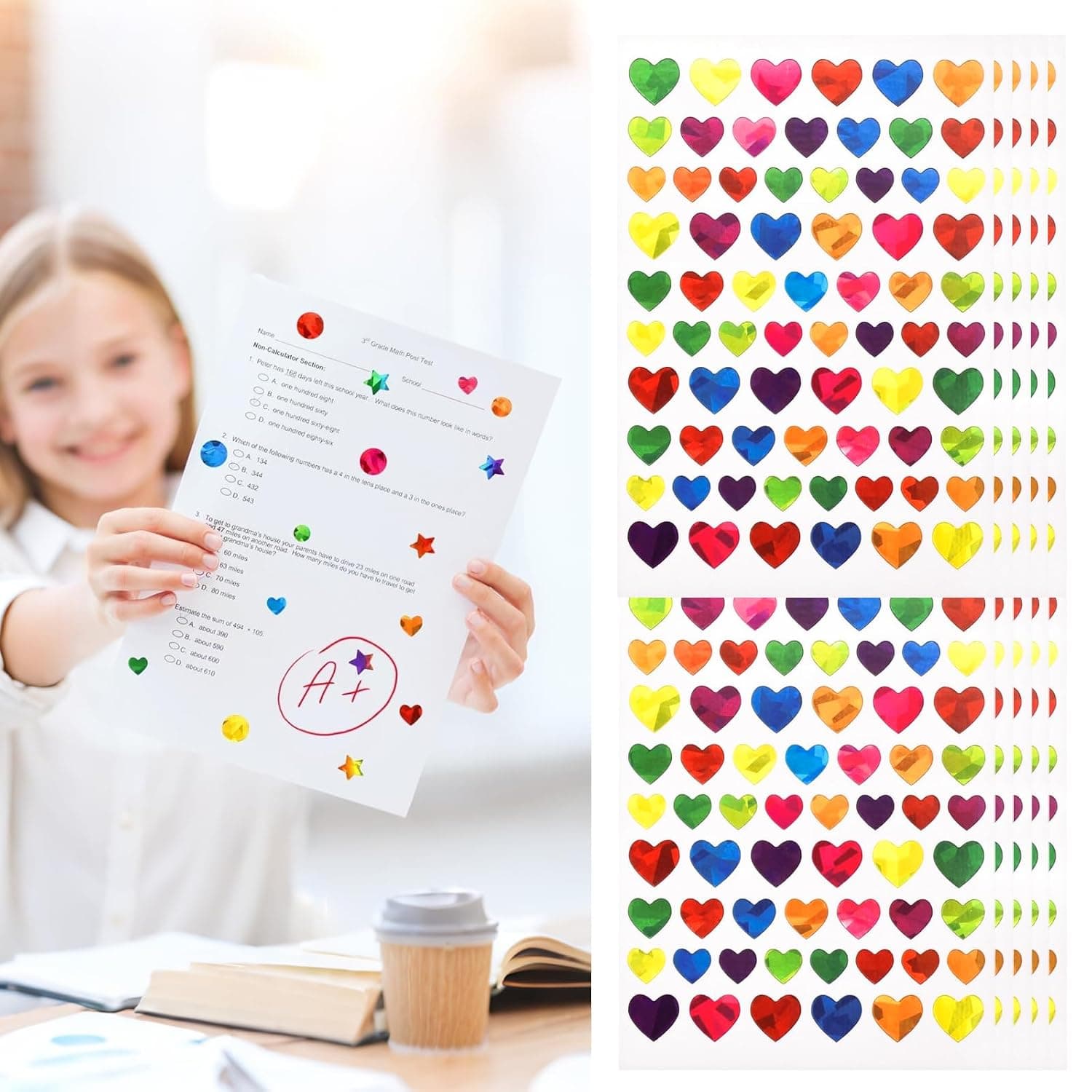 10 Sheets Sparkly Stickers for Kids Reward Small Shiny Sticker for School Classroom Student Teacher Supplies Behavior Reward DIY Decoration Heart Design