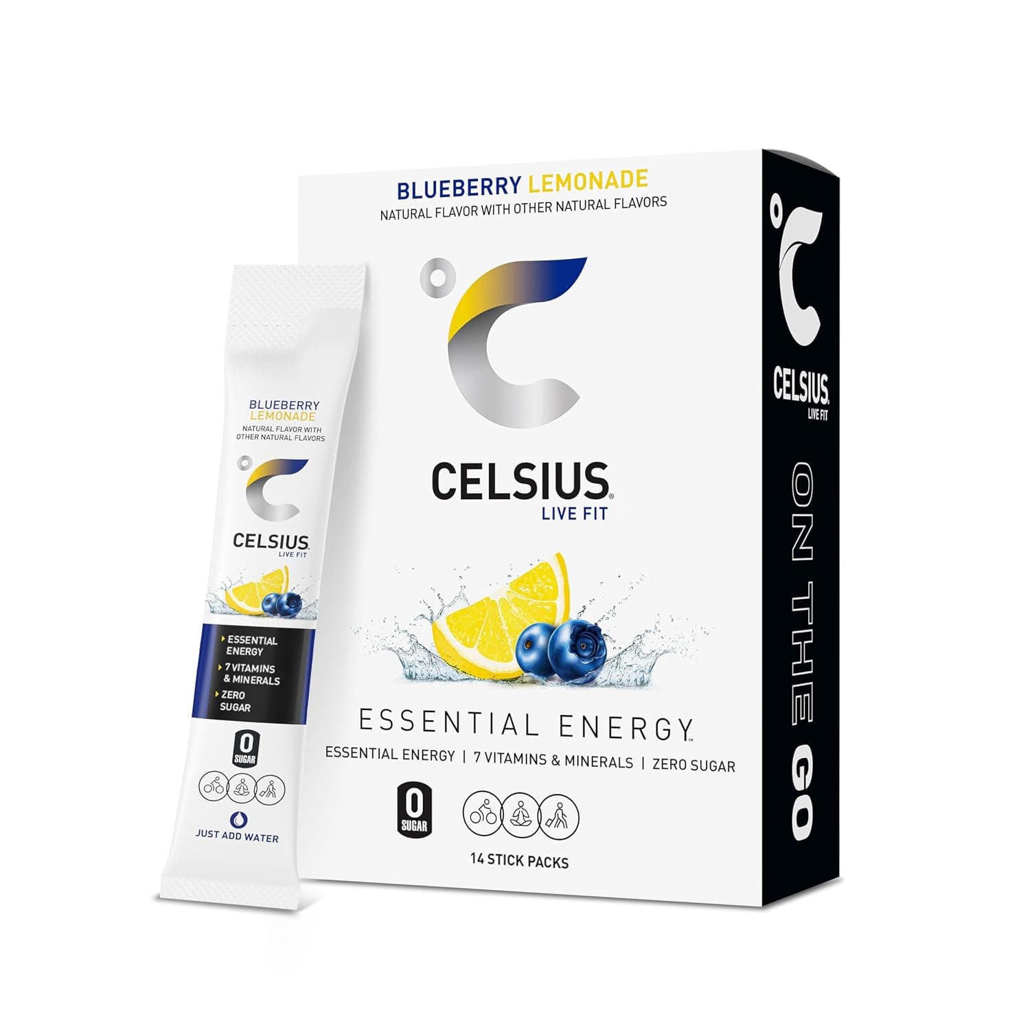CELSIUS On-the-Go Essential Energy Drink Mix, Blueberry Lemonade (14 Stick Pack)