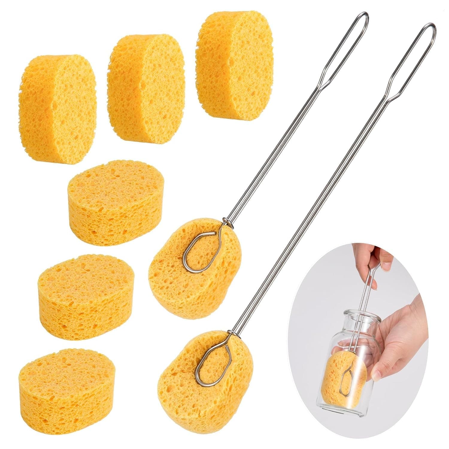 Cellulose Sponge Bottle Brush Set, Eco Friendly Non Scratch Scrubber, Durable Soft Cleaner, Interchangeable Handle Washer for Bottle Glasses Coffee Mugs, 6 Replacement Sponges Long Short Handles