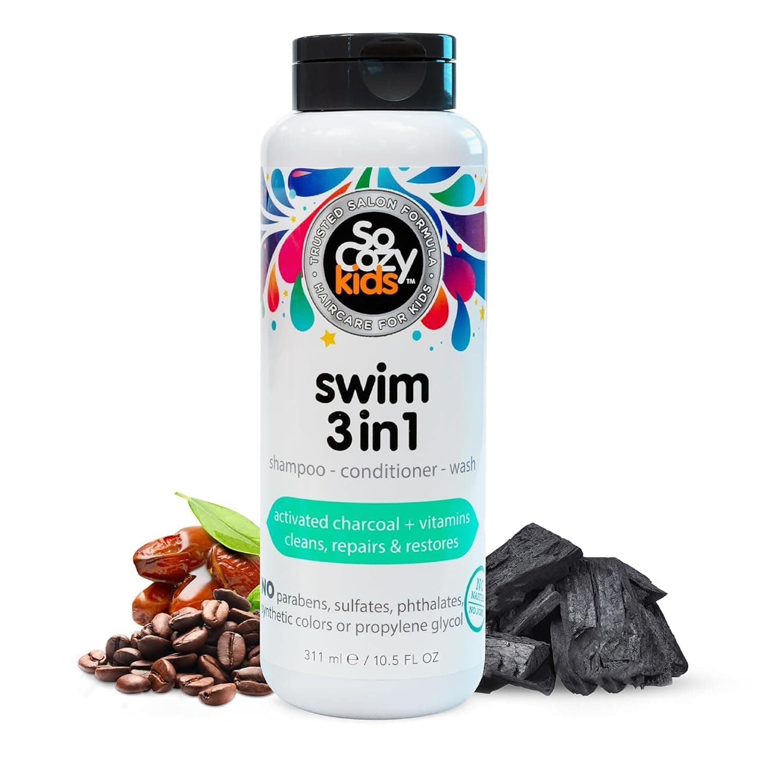 SoCozy Swim 3-in-1 | Shampoo + Conditioner + Body Wash | For Kids Hair | Activated Charcoal Neutralizes and Cleans Chlorine + Salt | 10.5 fl oz | No Parabens, Sulfates, Synthetic Colors or Dyes