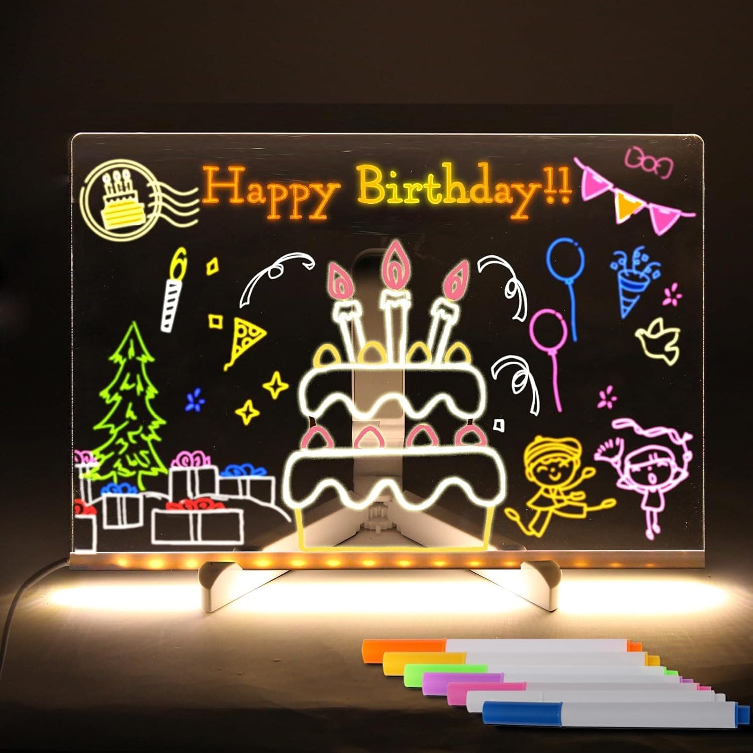 Led Note Board with Colors, Acrylic Dry Erase Board with 7 Pens and Stand, Light Up Dry Erase Board, Led Letter Message Board, Note Glass Led Board Whiteboard, Reusable Easy to Clean(30cm X 20cm)