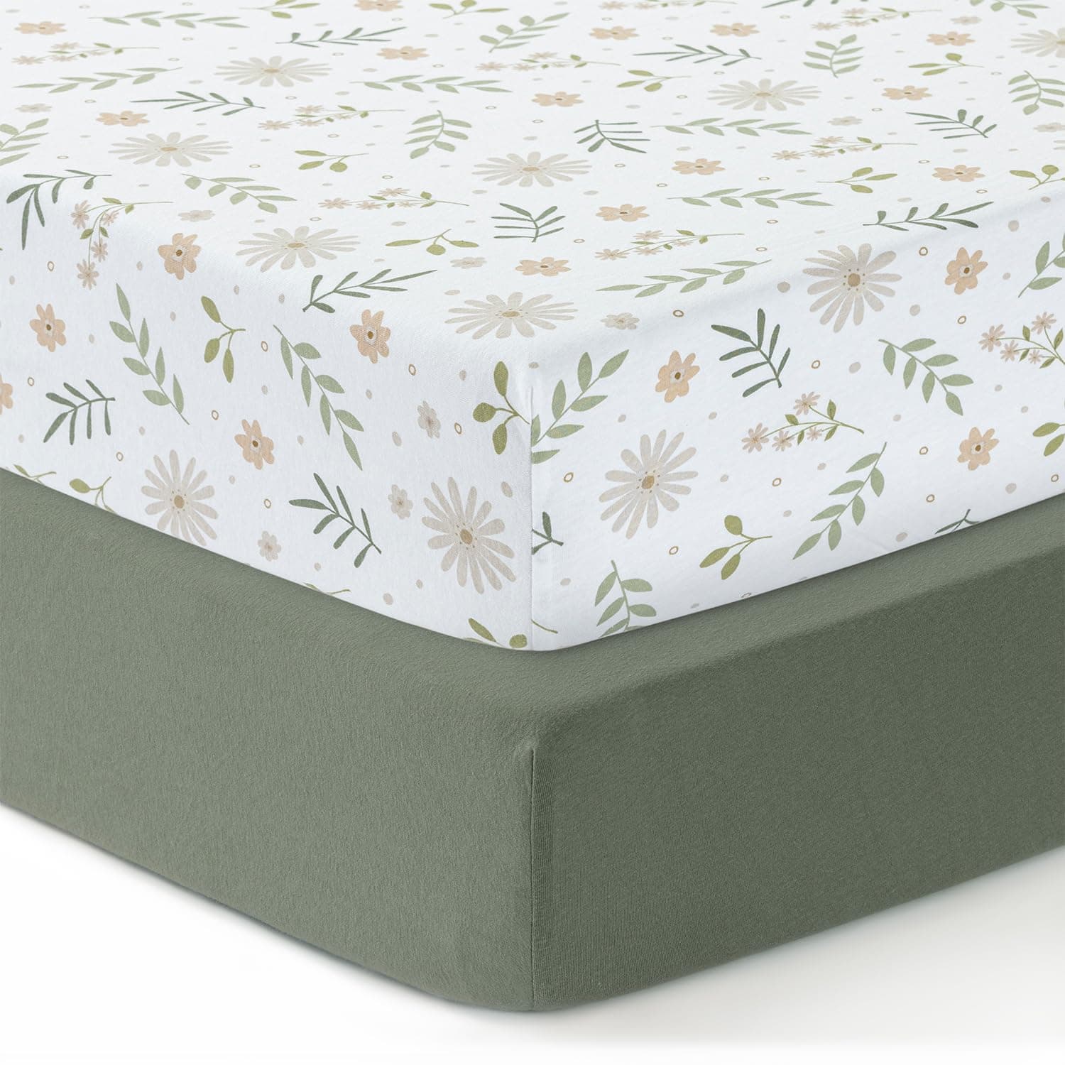 Dreamology 100% Cotton Jersey Cot Bed Sheets, Pack of 2 – Super Soft, Natural, Breathable, Easy Care, Hypoallergenic, Durable Baby Bedding for Nursery (Green/Flowers, 60x120cm) | fitted sheet, Girls, Boys,Baby Mattress Sheet,Crib sheets,Cot sheets 120x60 fitted | Green, Flowers